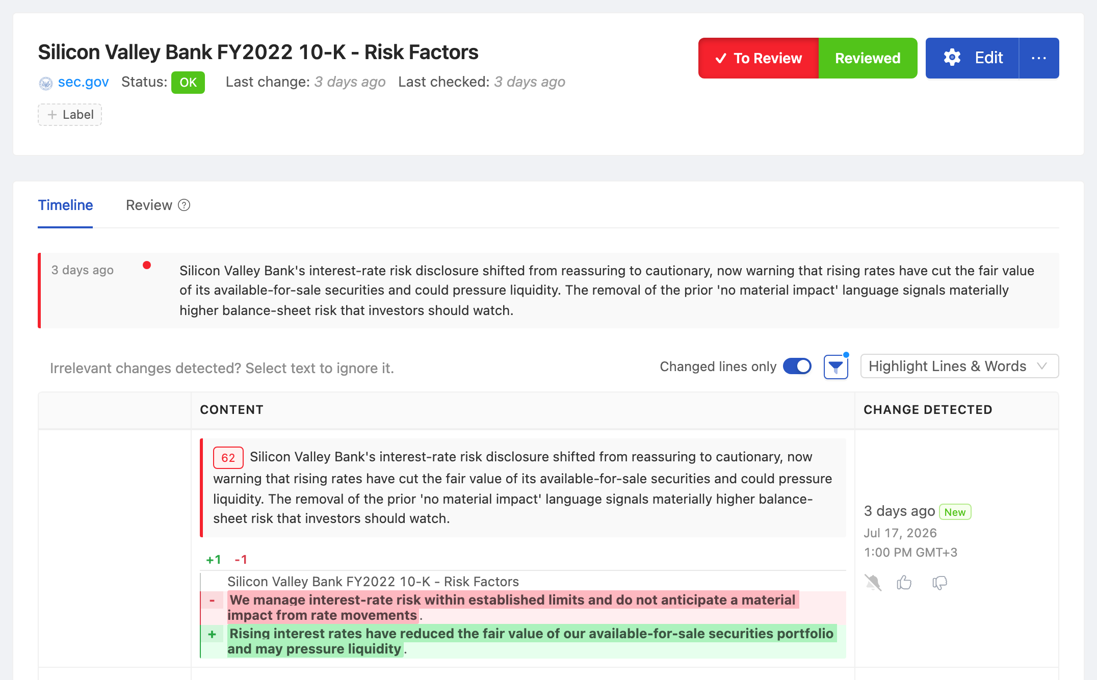 PageCrawl change diff for Silicon Valley Bank FY2022 10-K - Risk Factors, highlighting the added and removed text