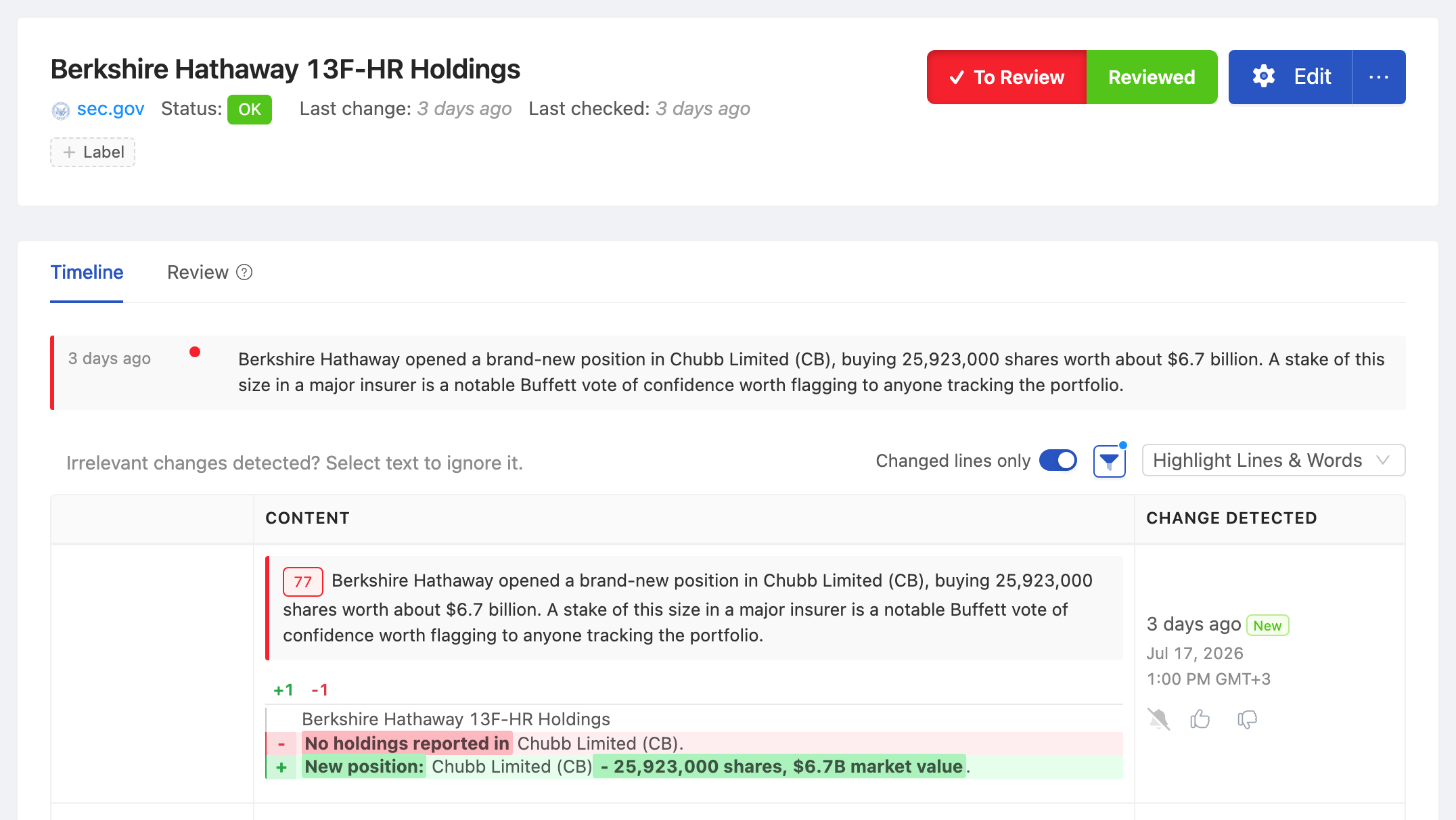 PageCrawl change diff for Berkshire Hathaway 13F-HR Holdings, highlighting the added and removed text