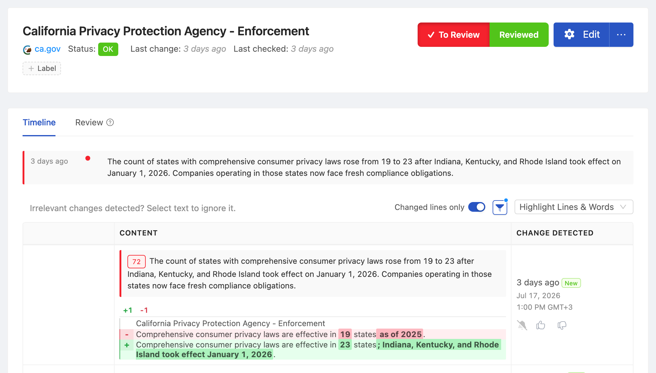 PageCrawl change diff for California Privacy Protection Agency - Enforcement, highlighting the added and removed text