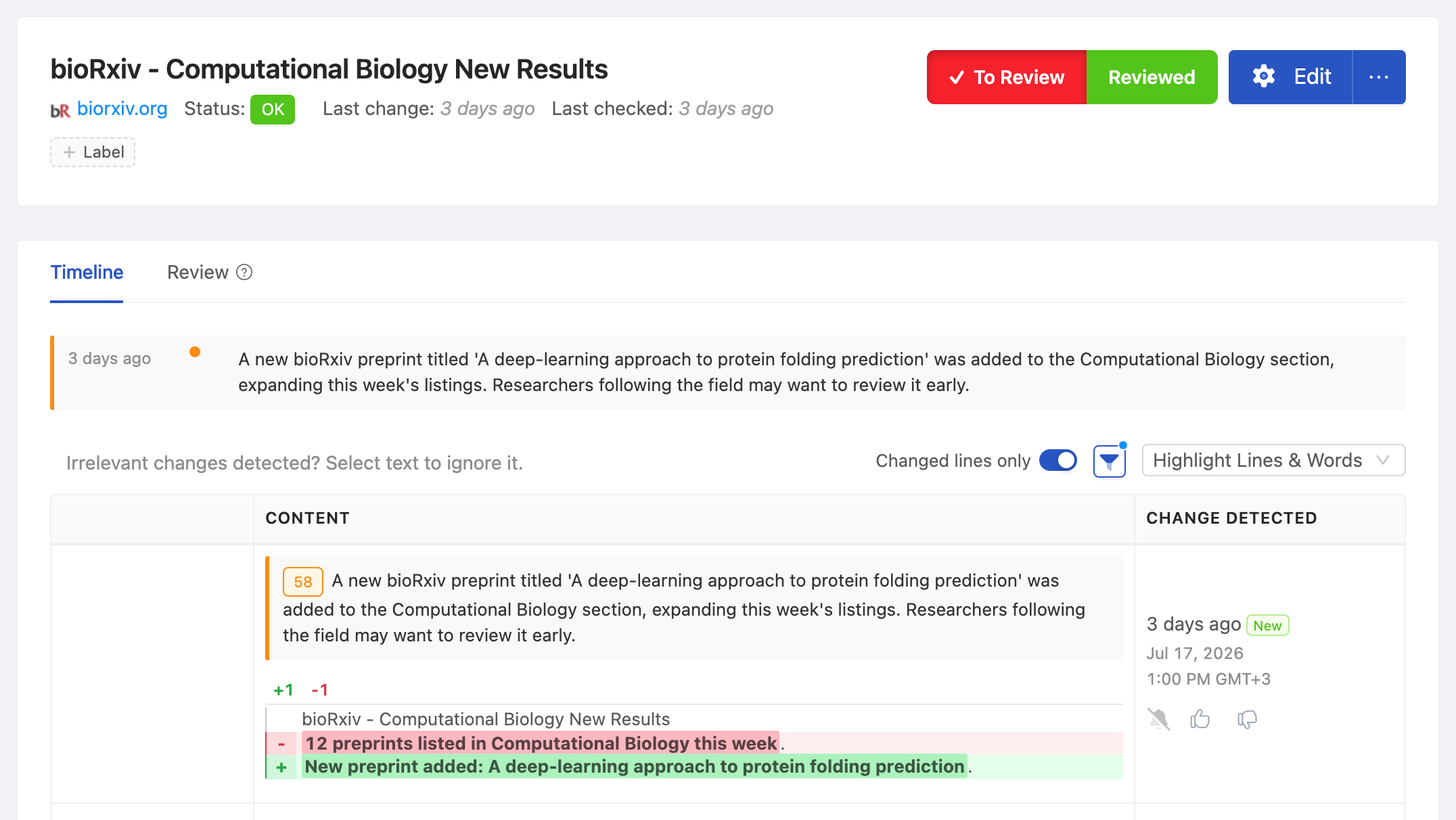 PageCrawl change diff for bioRxiv - Computational Biology New Results, highlighting the added and removed text