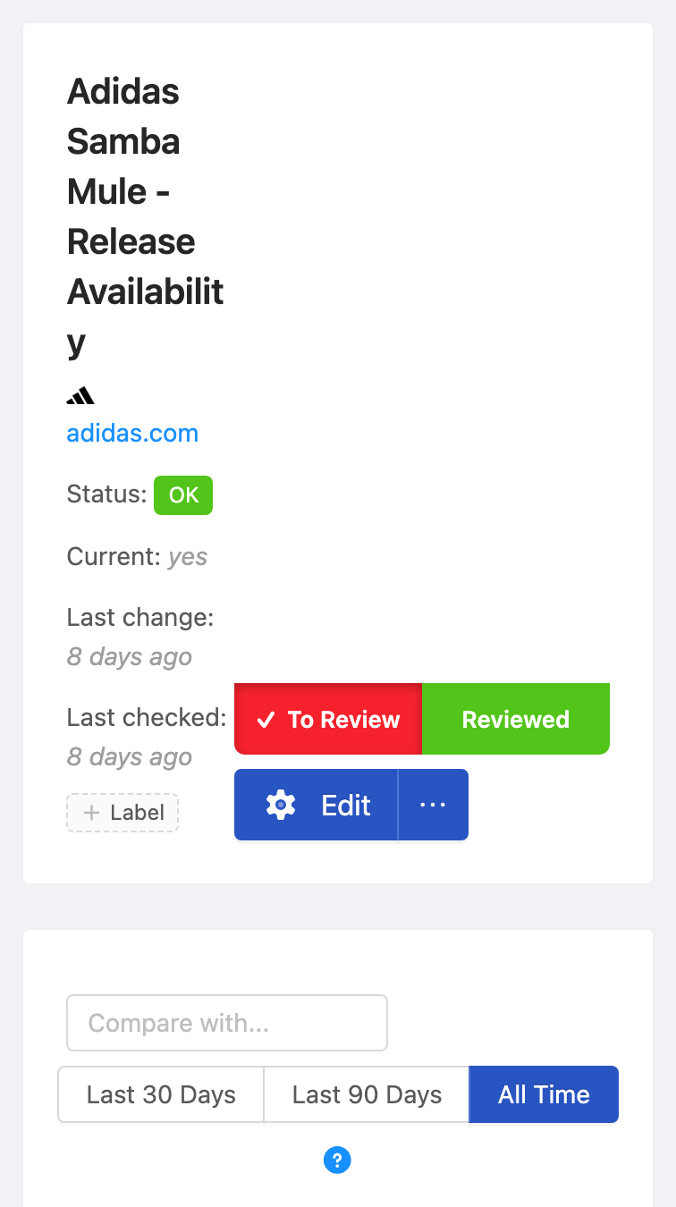 PageCrawl availability timeline for Adidas Samba Mule - Release Availability, showing in-stock and out-of-stock periods