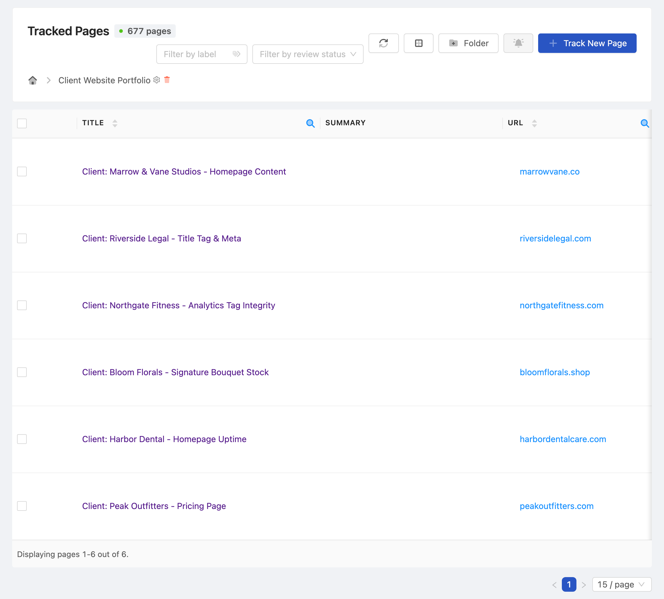 PageCrawl dashboard tracking a portfolio of client websites at a glance