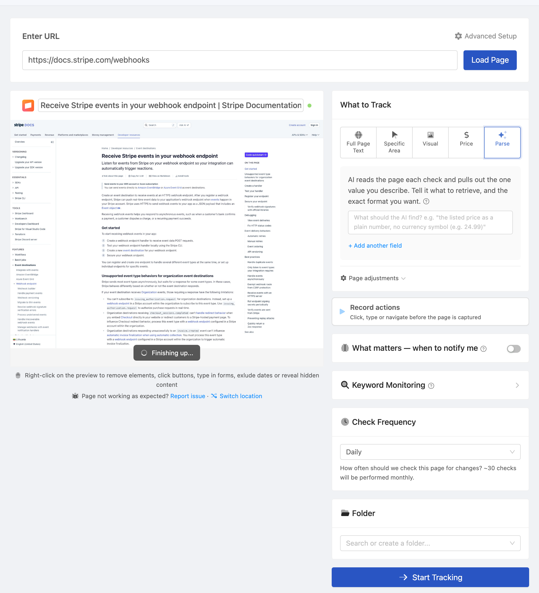 Setting up a PageCrawl monitor for RAG source page monitor (webhook)