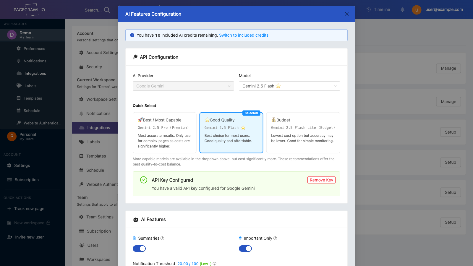 AI API key configuration form in workspace settings