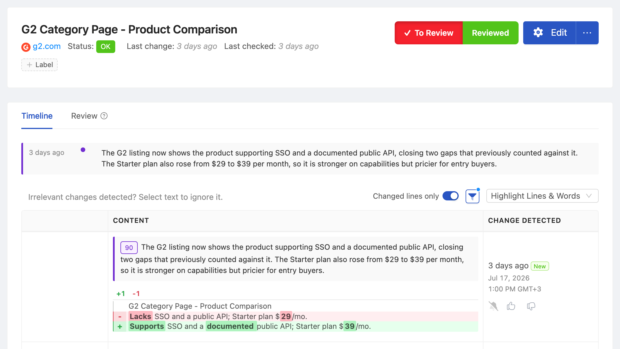 PageCrawl change diff for G2 Category Page - Product Comparison, highlighting the added and removed text