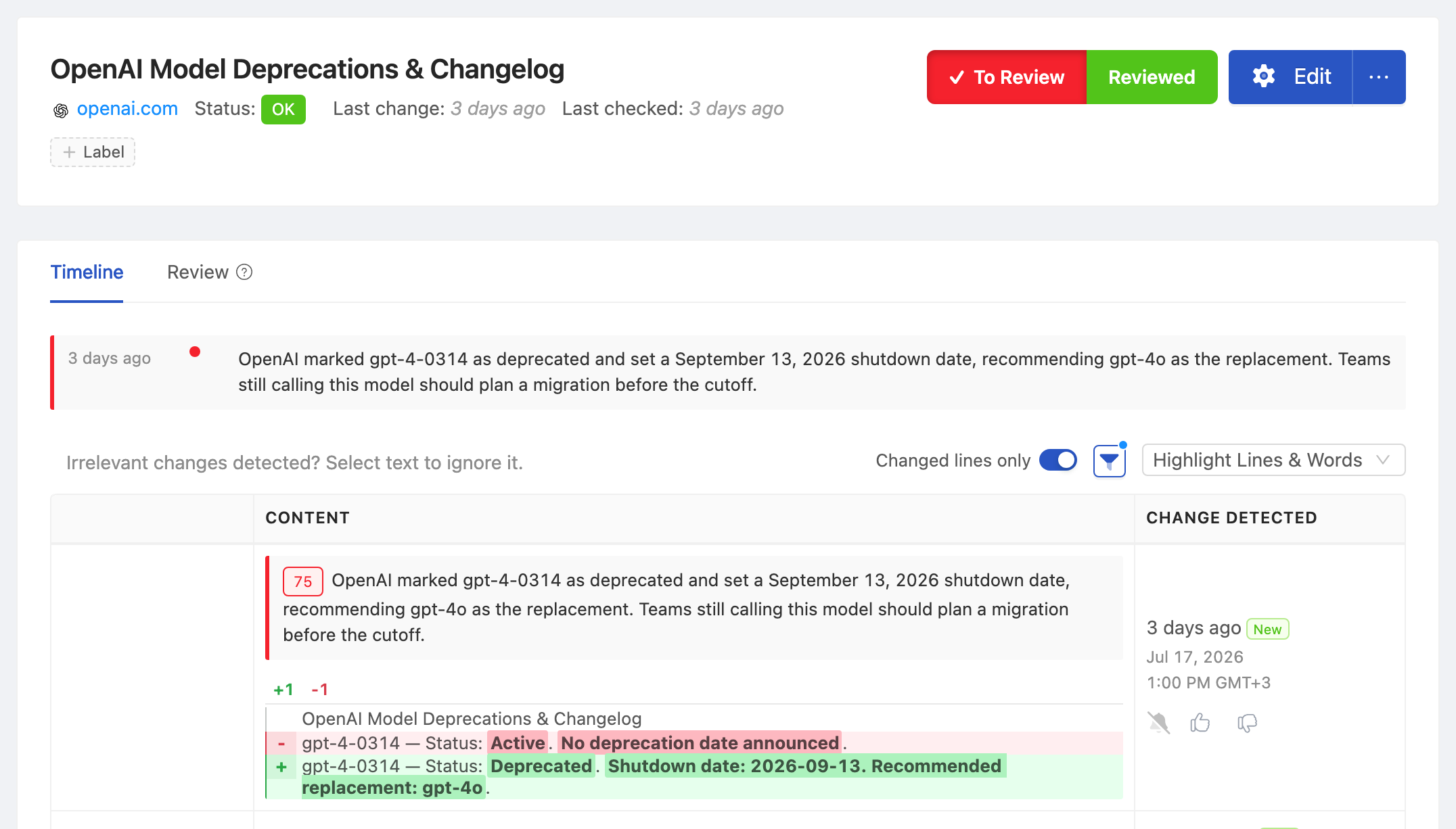 PageCrawl change diff for OpenAI Model Deprecations & Changelog, highlighting the added and removed text
