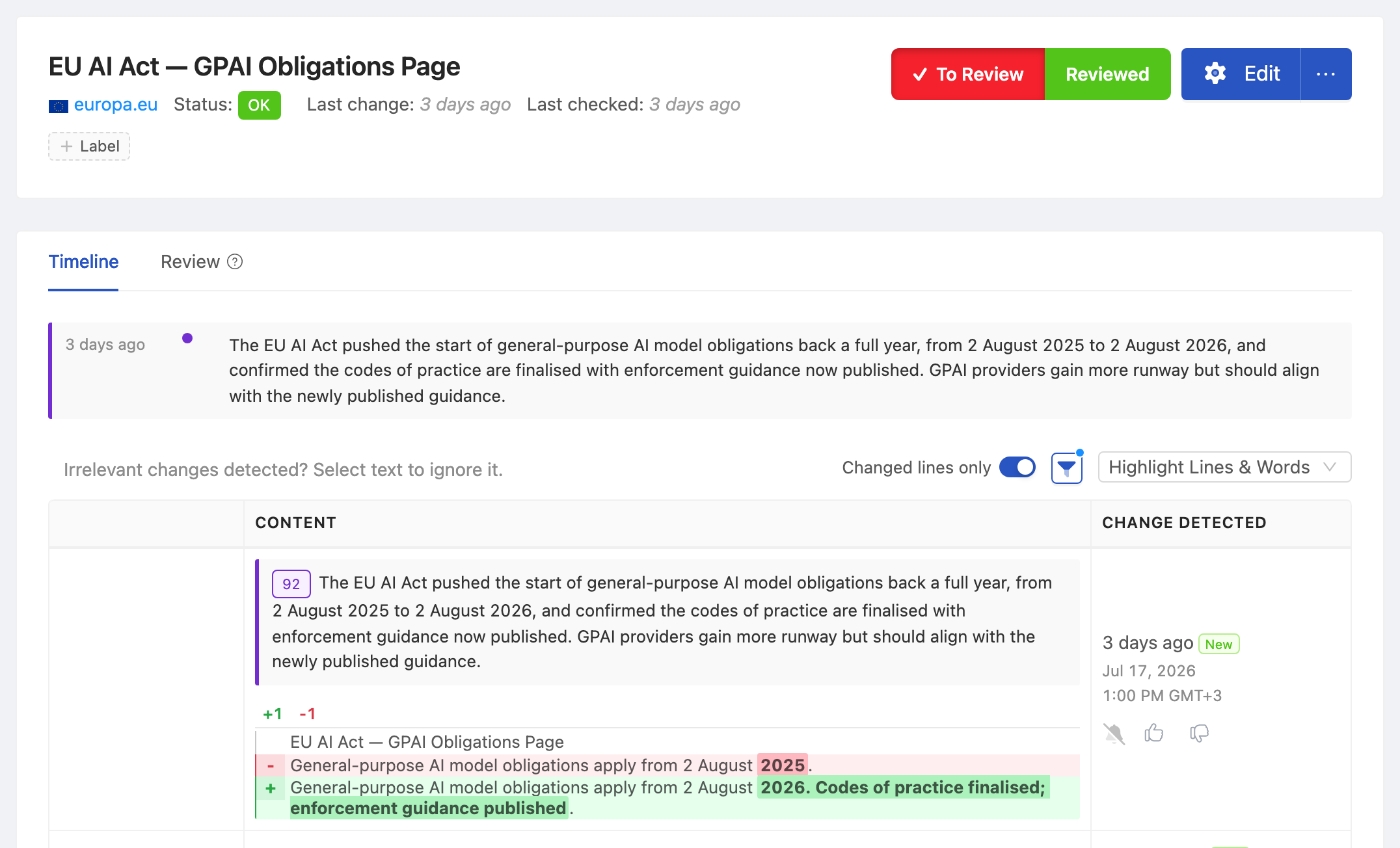 PageCrawl change diff for EU AI Act — GPAI Obligations Page, highlighting the added and removed text