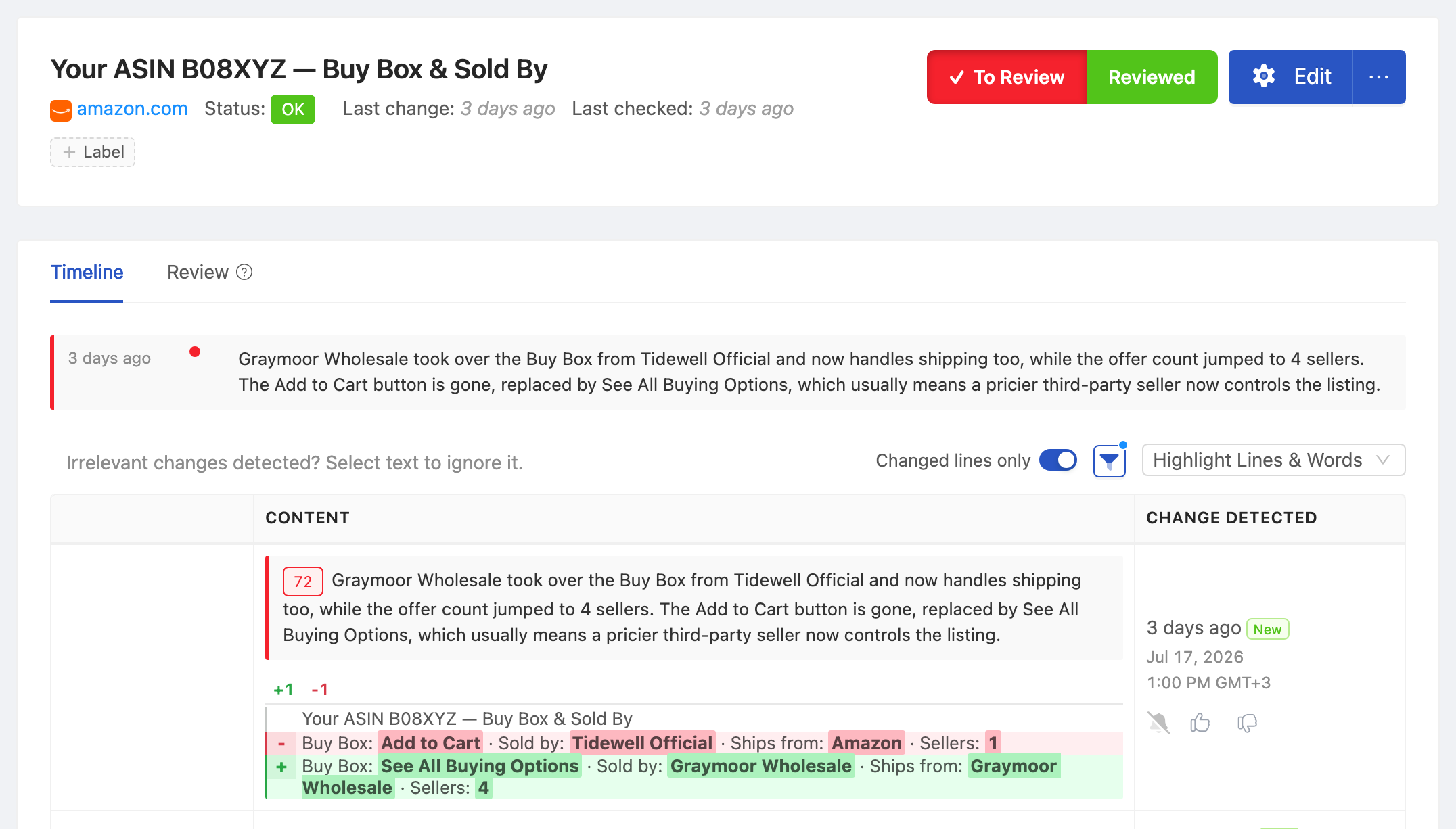 PageCrawl change diff for Your ASIN B08XYZ — Buy Box & Sold By, highlighting the added and removed text