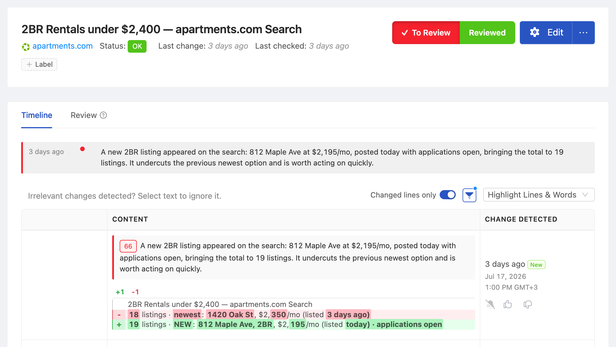 PageCrawl change diff for 2BR Rentals under $2,400 — apartments.com Search, highlighting the added and removed text