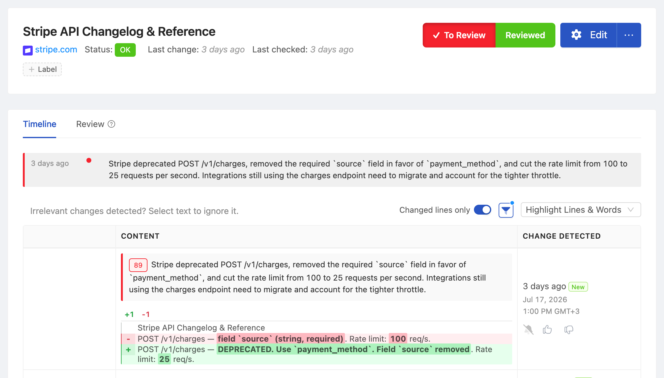 PageCrawl change diff for Stripe API Changelog & Reference, highlighting the added and removed text