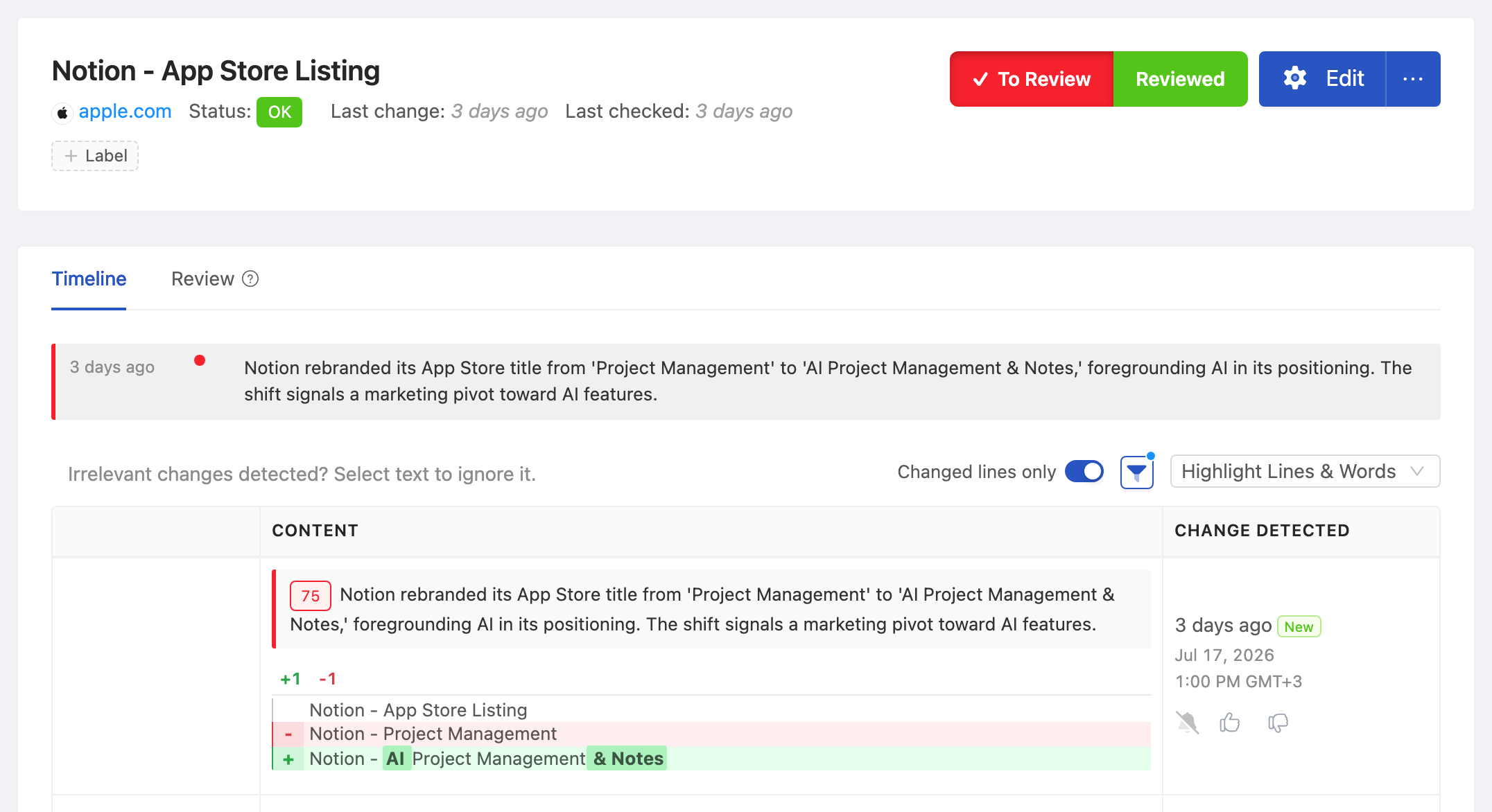 PageCrawl change diff for Notion - App Store Listing, highlighting the added and removed text