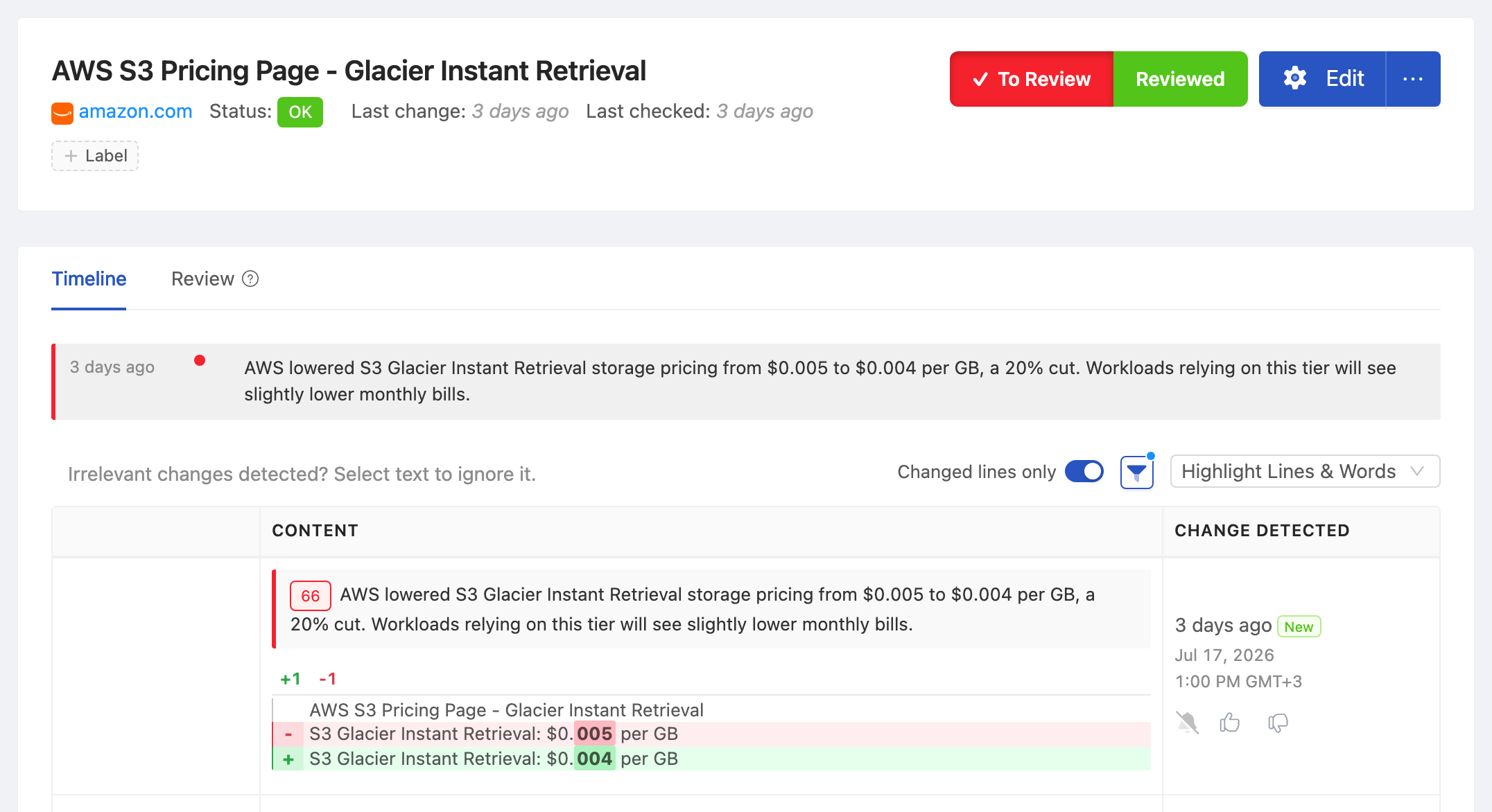 PageCrawl change diff for AWS S3 Pricing Page - Glacier Instant Retrieval, highlighting the added and removed text