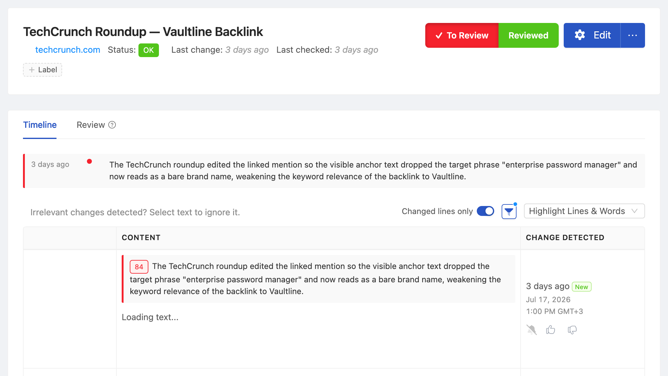 PageCrawl change diff for TechCrunch Roundup - Backlink to yoursite.com, highlighting the added and removed text