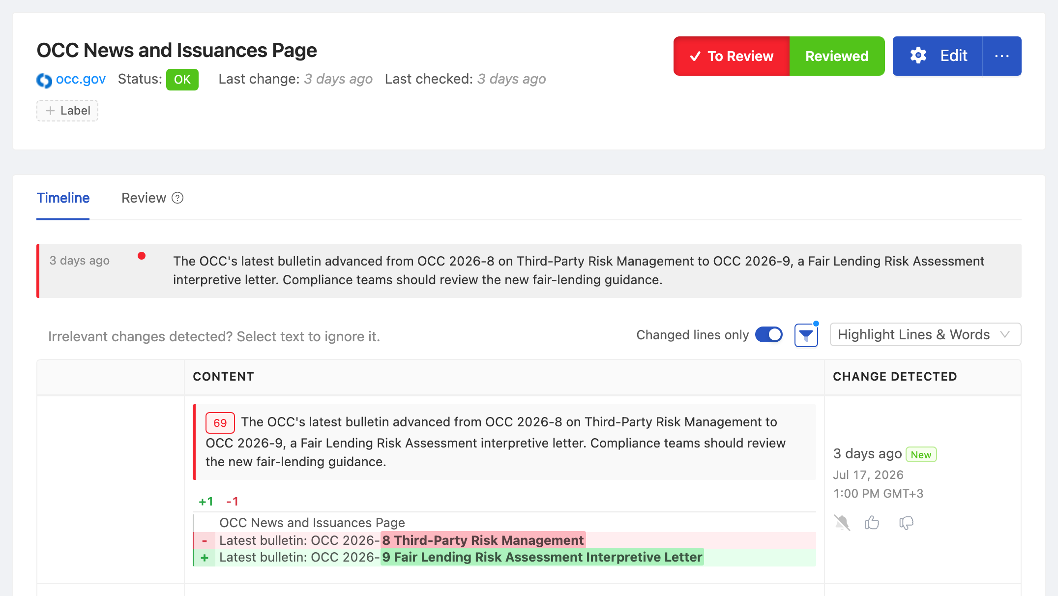 PageCrawl change diff for OCC News and Issuances Page, highlighting the added and removed text