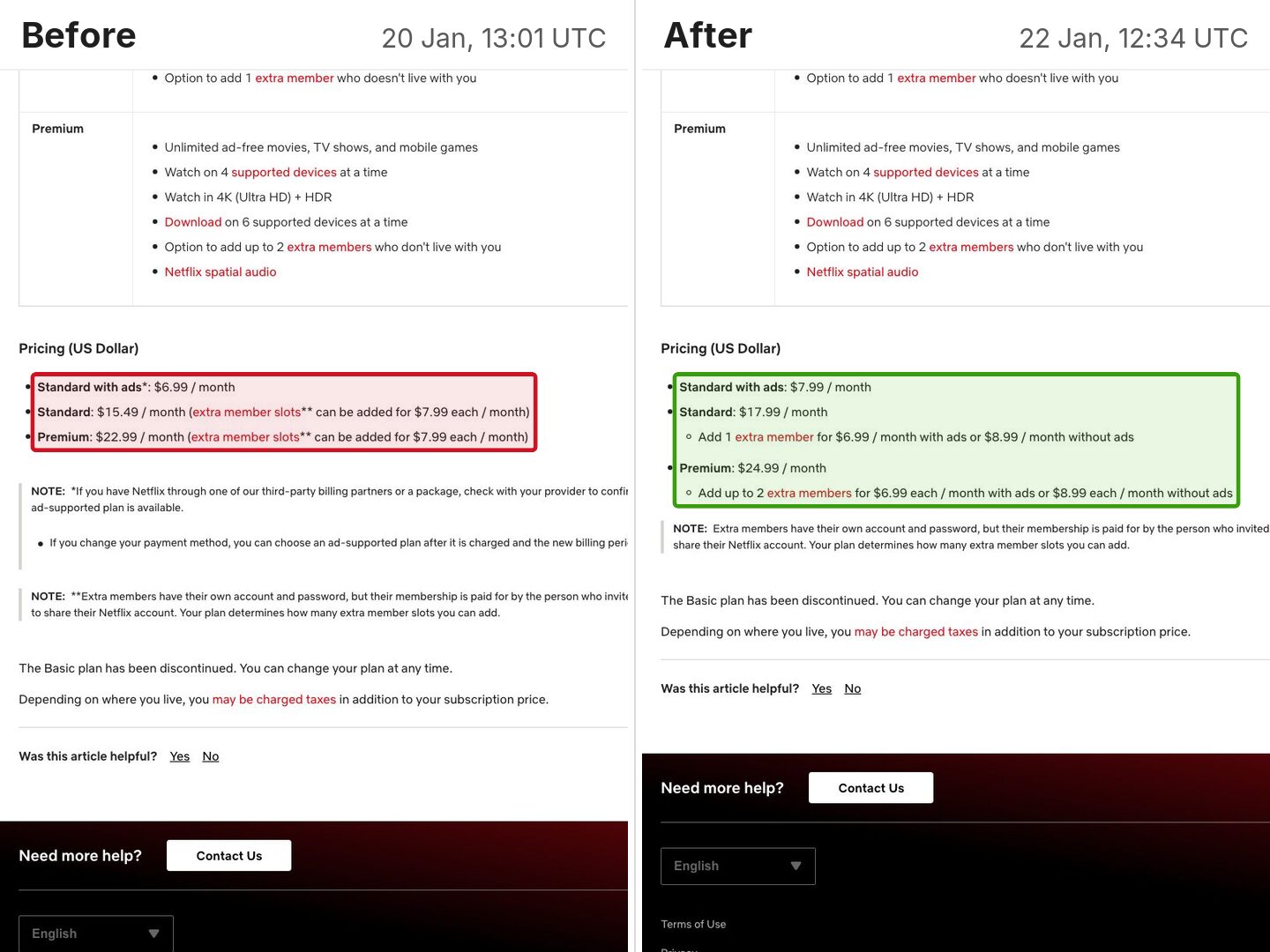 The Before and after attachment for Netflix's January 2025 US price rise: the old prices outlined in red on the left, the new prices outlined in green on the right