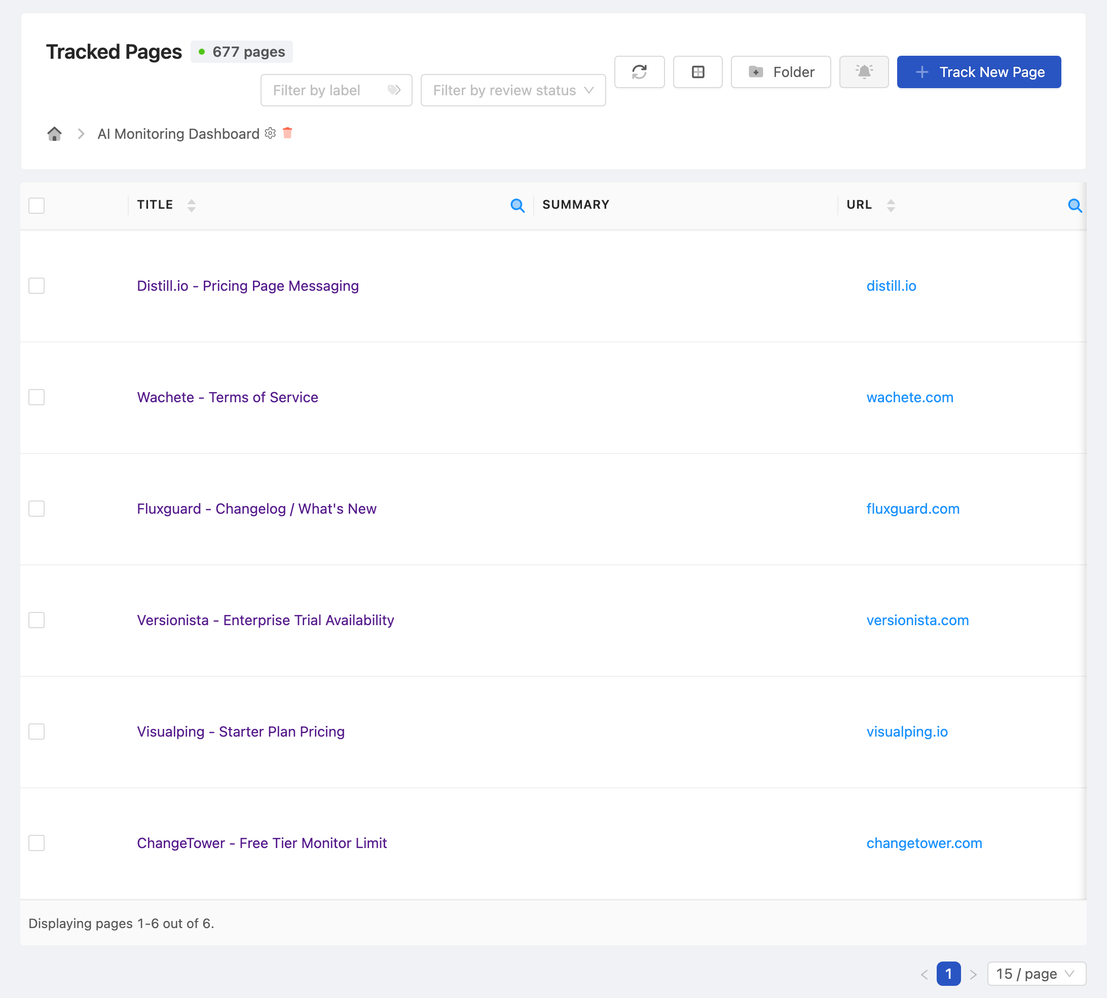 PageCrawl dashboard tracking a portfolio of client websites at a glance