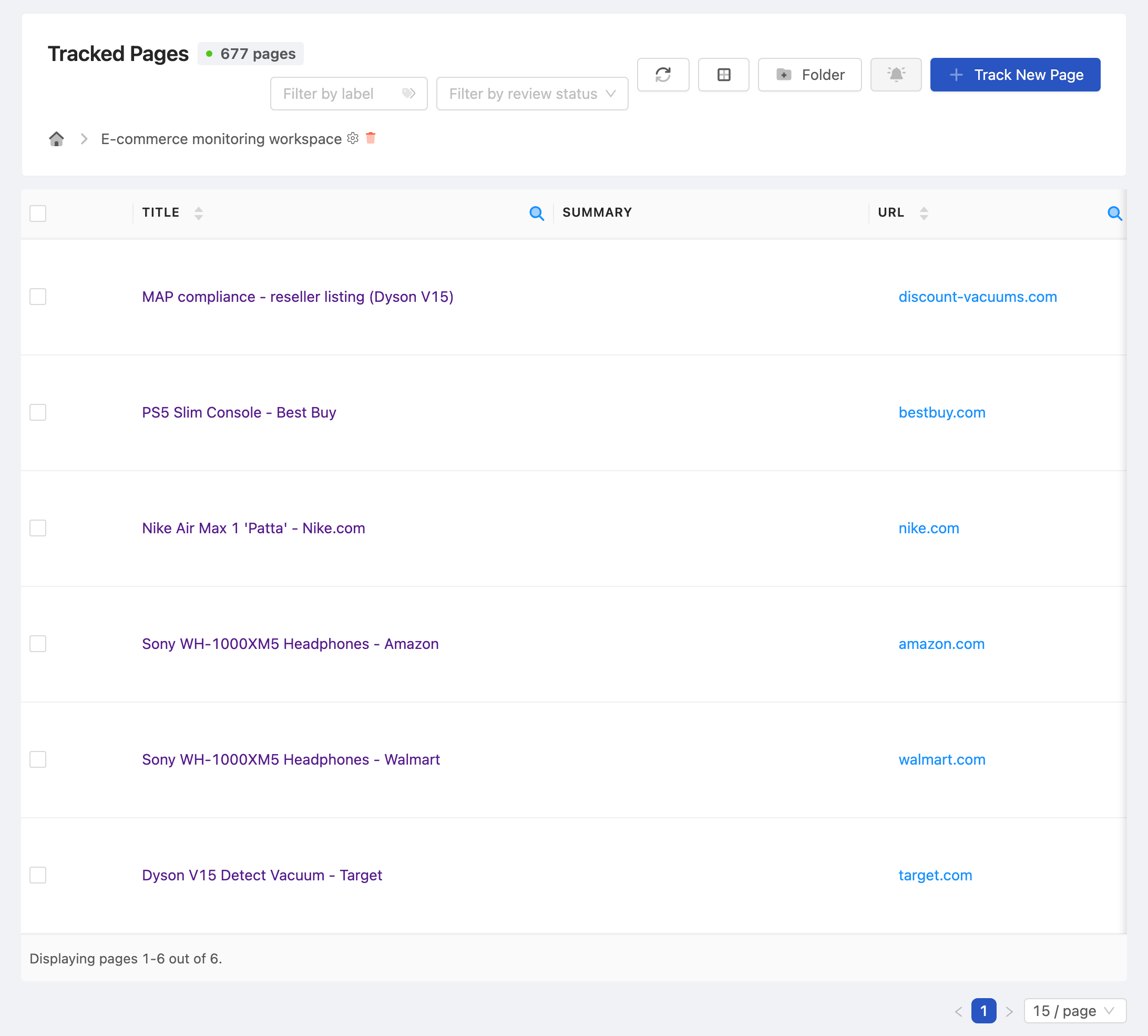 PageCrawl dashboard tracking a portfolio of client websites at a glance