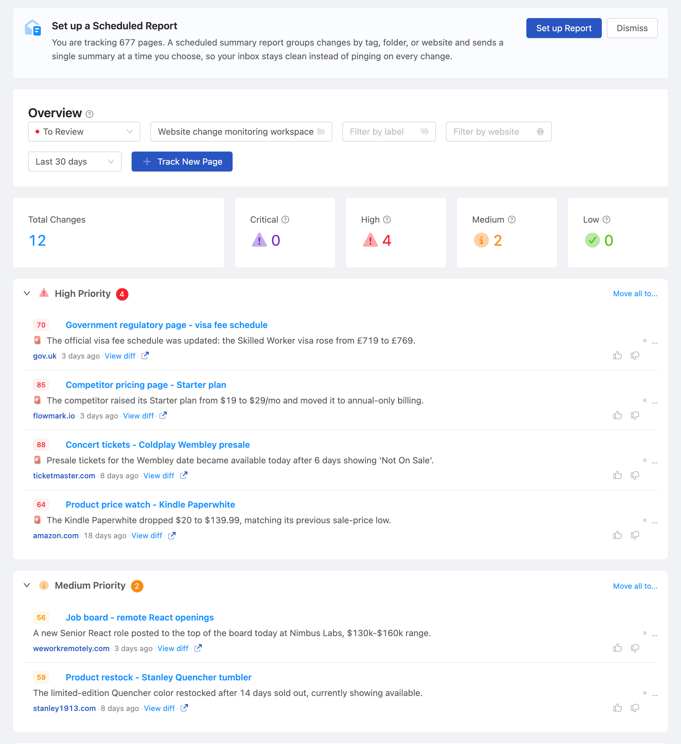 PageCrawl dashboard tracking a portfolio of client websites at a glance