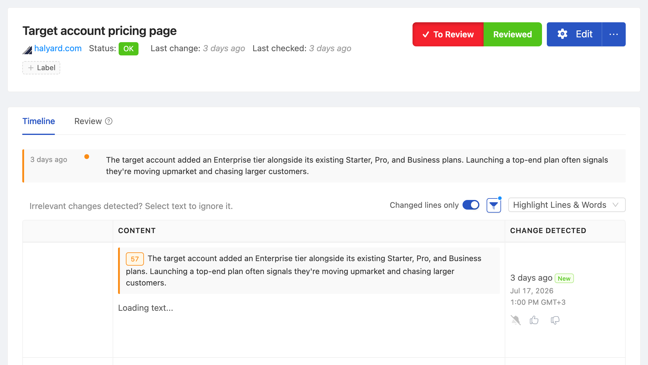 PageCrawl change diff for Target account pricing page, highlighting the added and removed text
