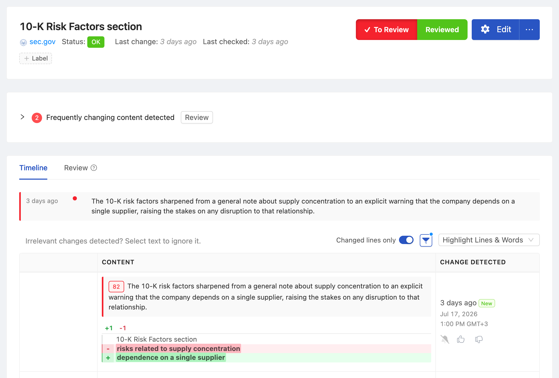 PageCrawl change diff for 10-K Risk Factors section, highlighting the added and removed text