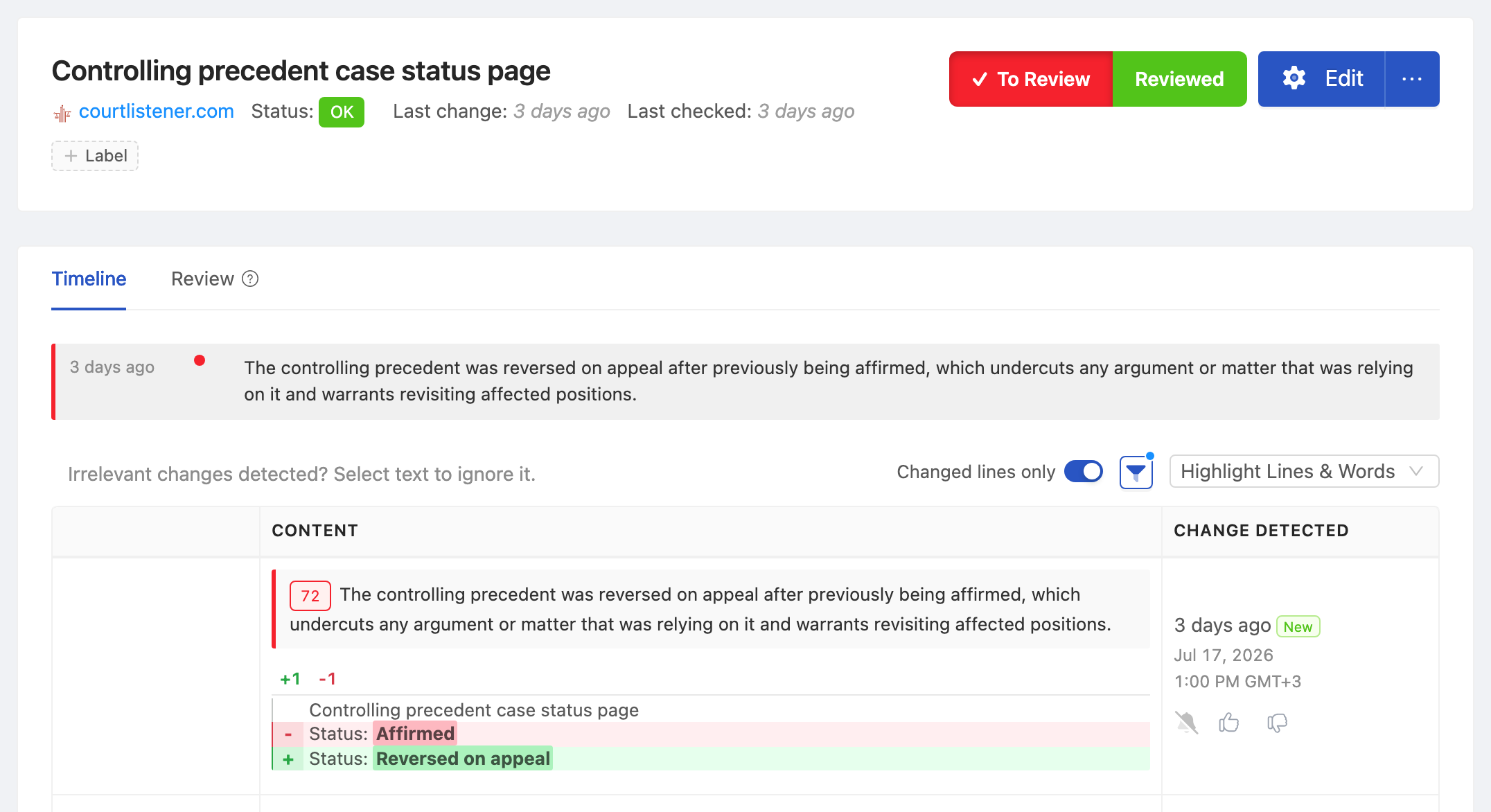 PageCrawl change diff for Controlling precedent case status page, highlighting the added and removed text