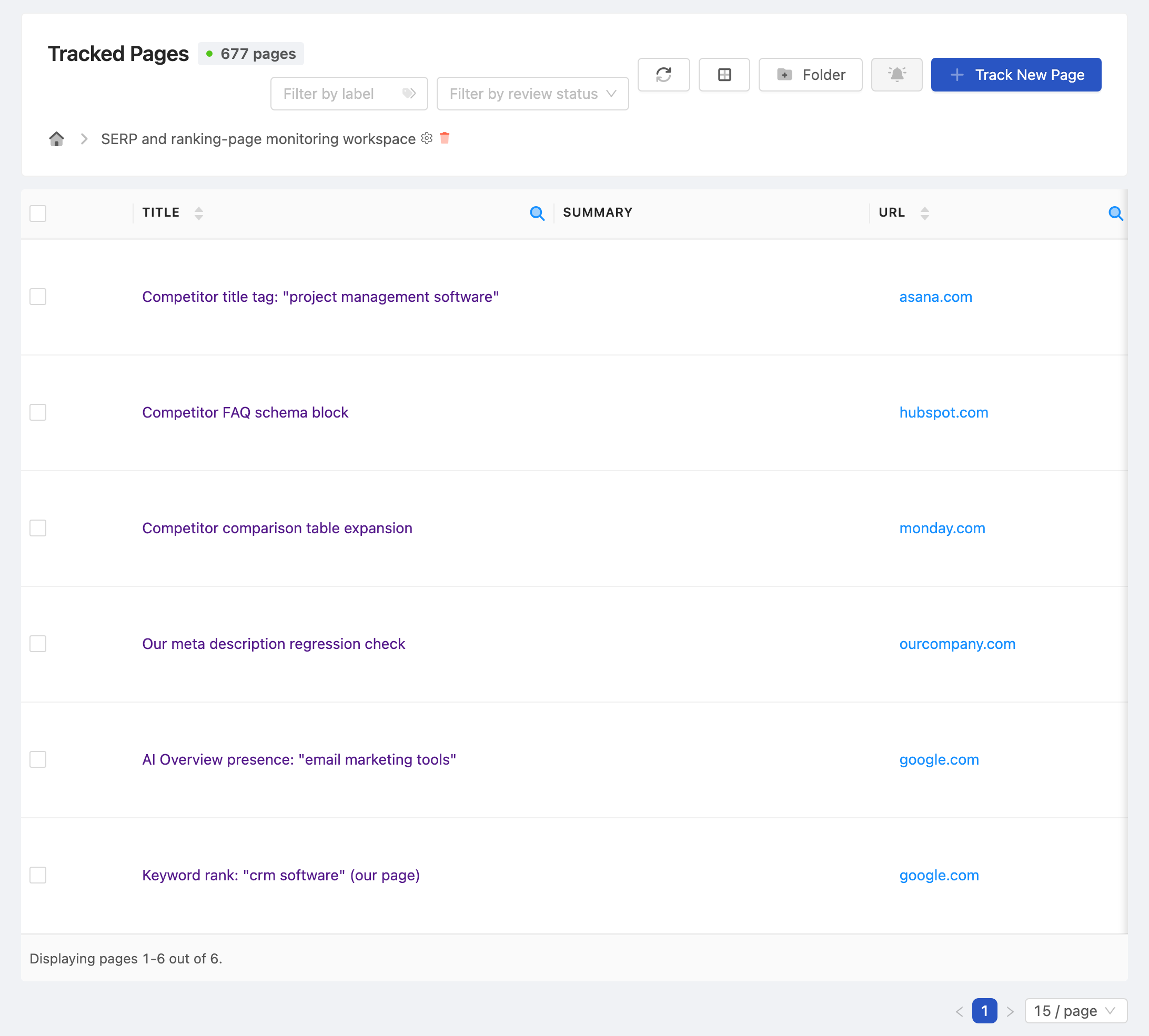 PageCrawl dashboard tracking a portfolio of client websites at a glance