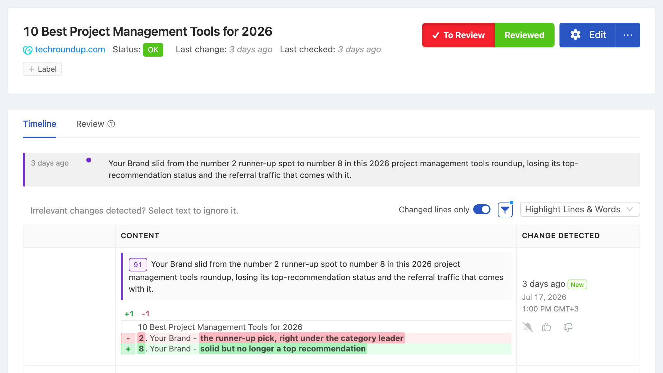 PageCrawl change diff for 10 Best Project Management Tools for 2026, highlighting the added and removed text