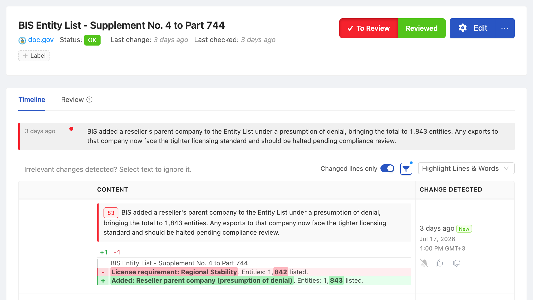PageCrawl change diff for BIS Entity List - Supplement No. 4 to Part 744, highlighting the added and removed text