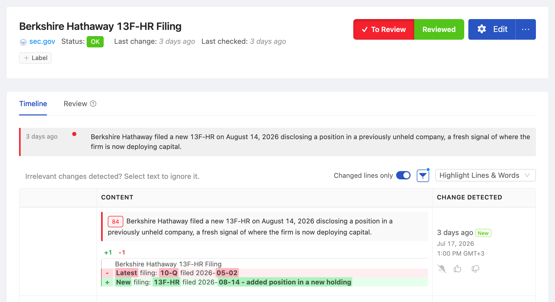 PageCrawl change diff for Berkshire Hathaway 13F-HR Filing, highlighting the added and removed text