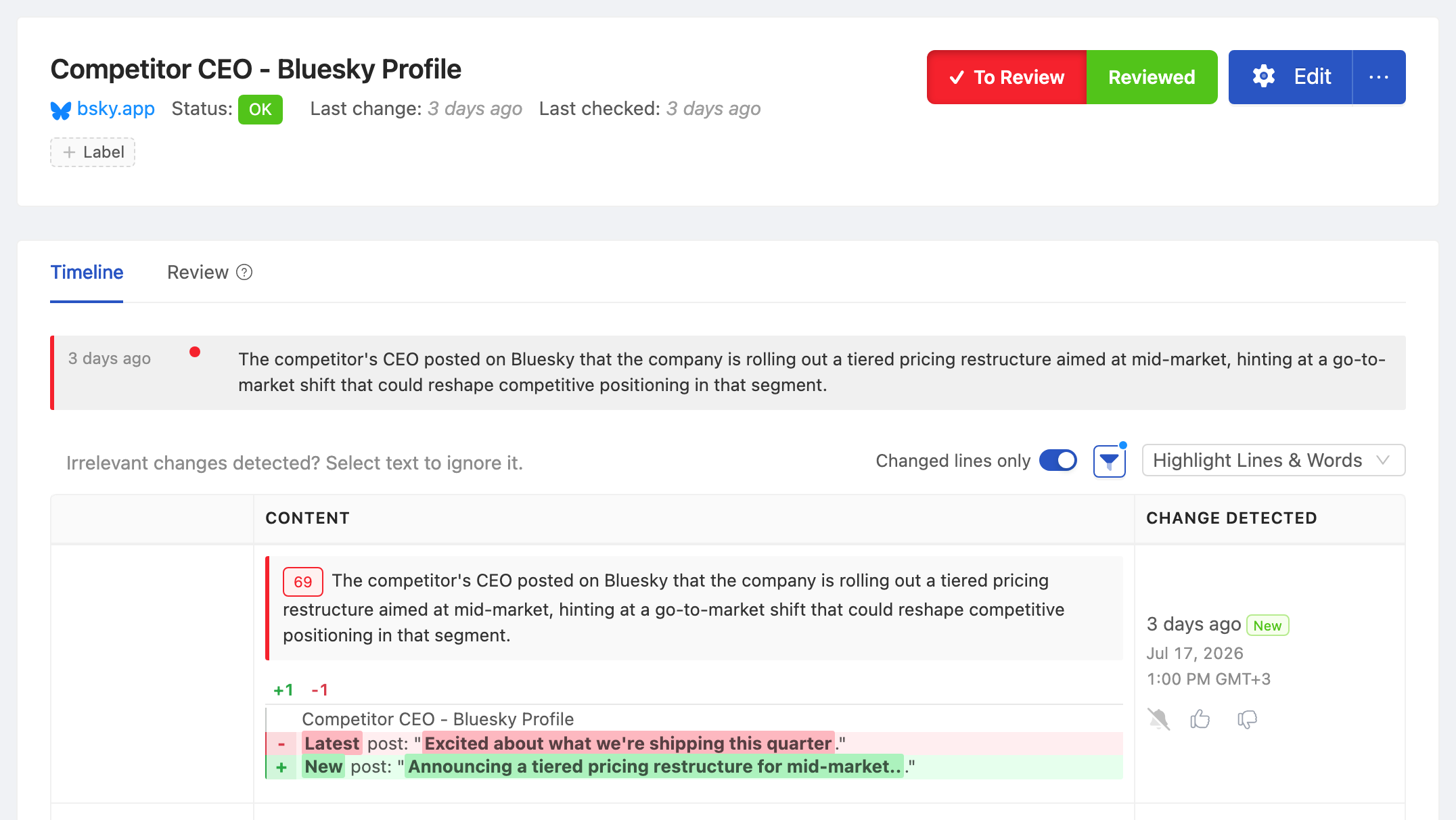 PageCrawl change diff for Competitor CEO - Bluesky Profile, highlighting the added and removed text