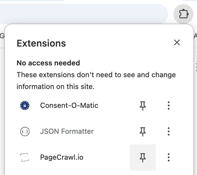 PageCrawl in Extensions Panel