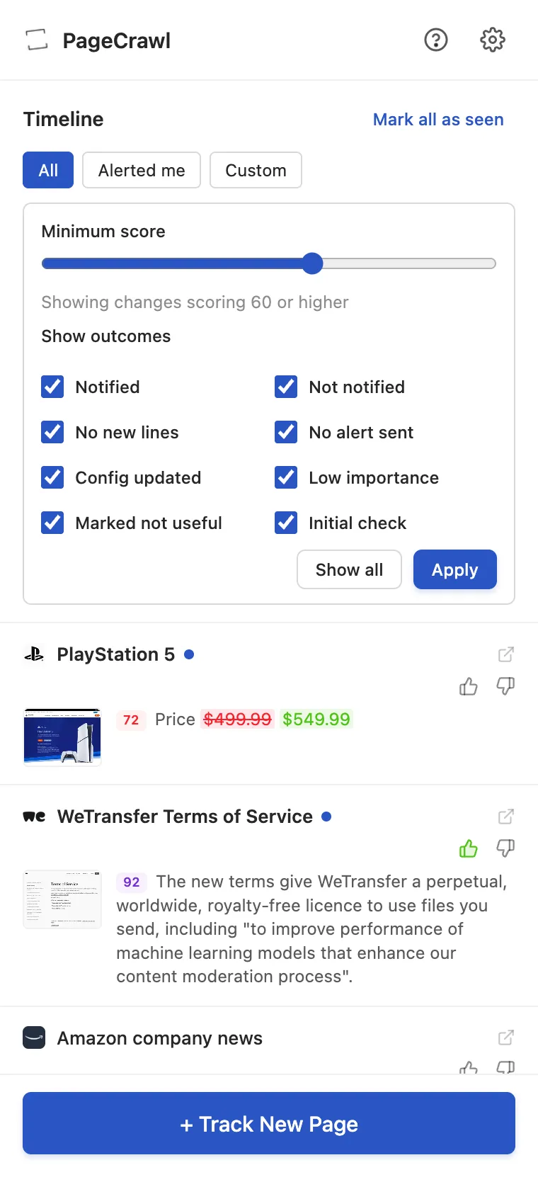 Custom timeline filters with a minimum score and notification outcomes