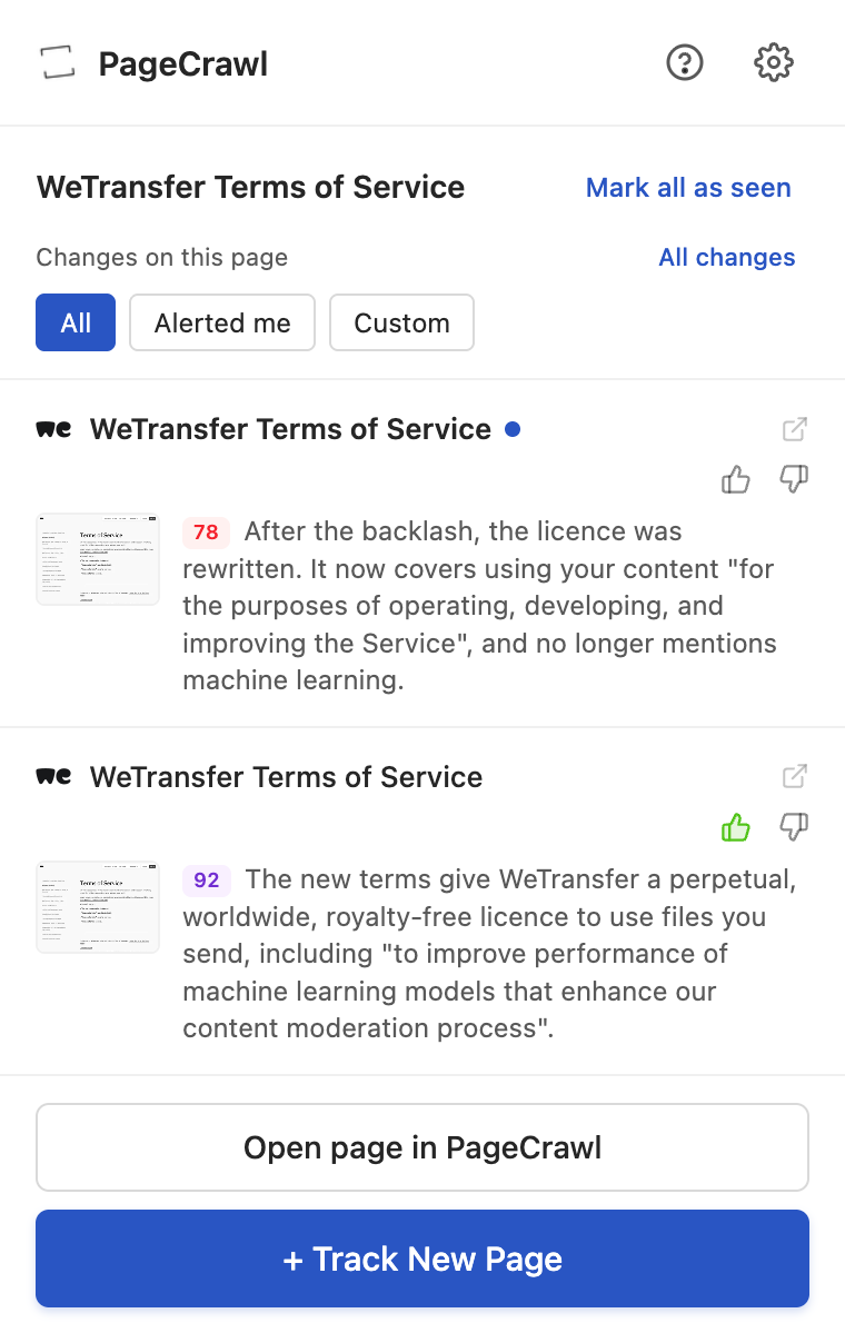 The timeline showing only the current page's changes