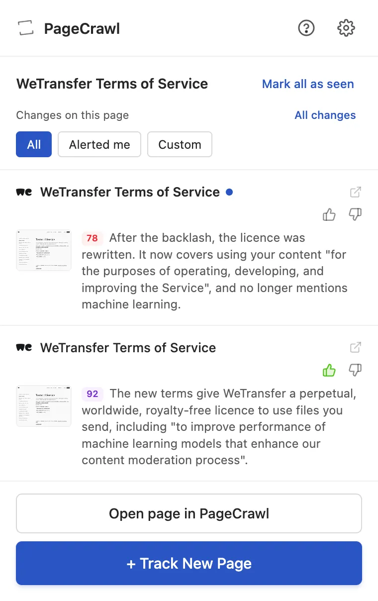 The extension showing only the current page's history, with an All changes link