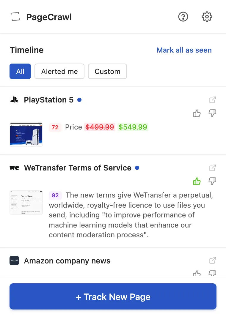 The PageCrawl extension timeline, with summaries, importance scores and a Track New Page button