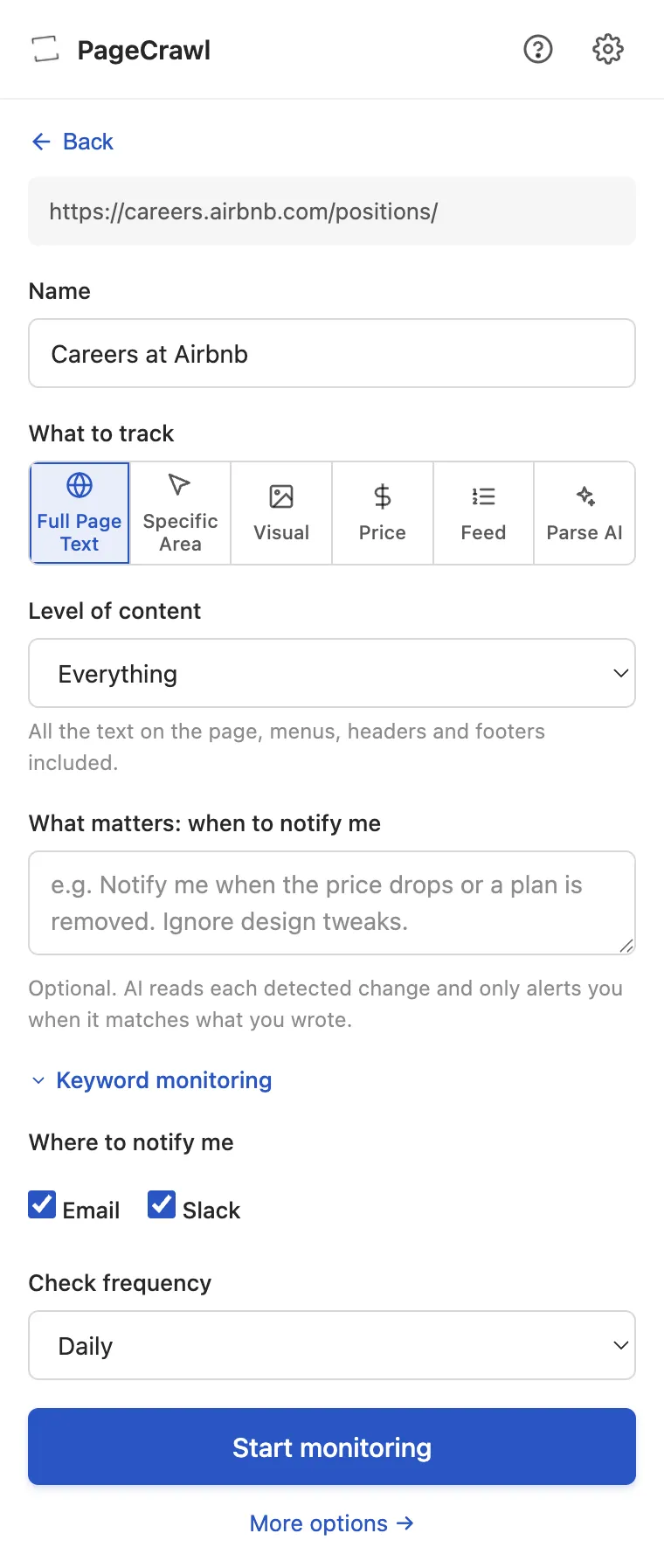The extension's Track New Page form with tracking modes, alert preferences and check frequency