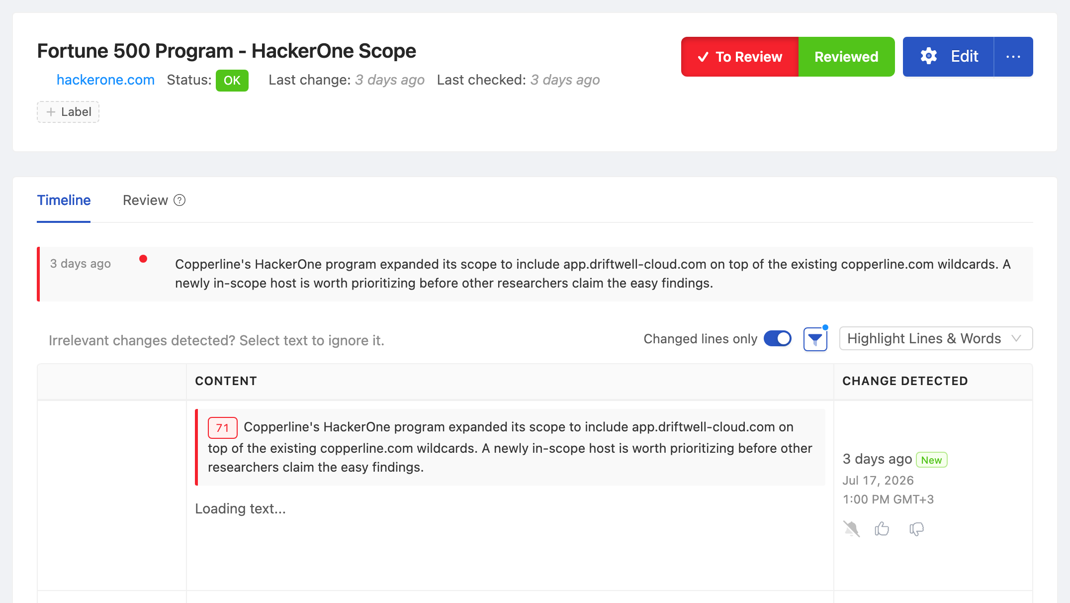 PageCrawl change diff for Fortune 500 Program - HackerOne Scope, highlighting the added and removed text