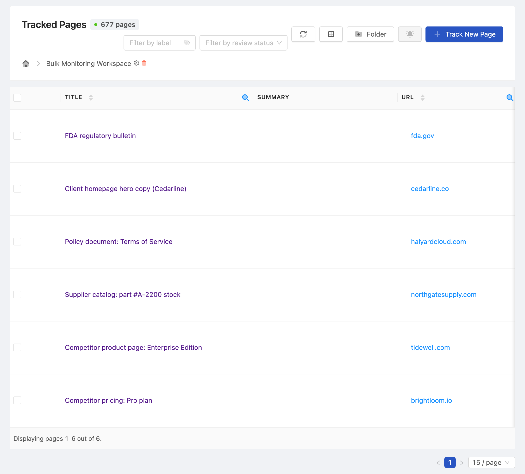 PageCrawl dashboard tracking a portfolio of client websites at a glance