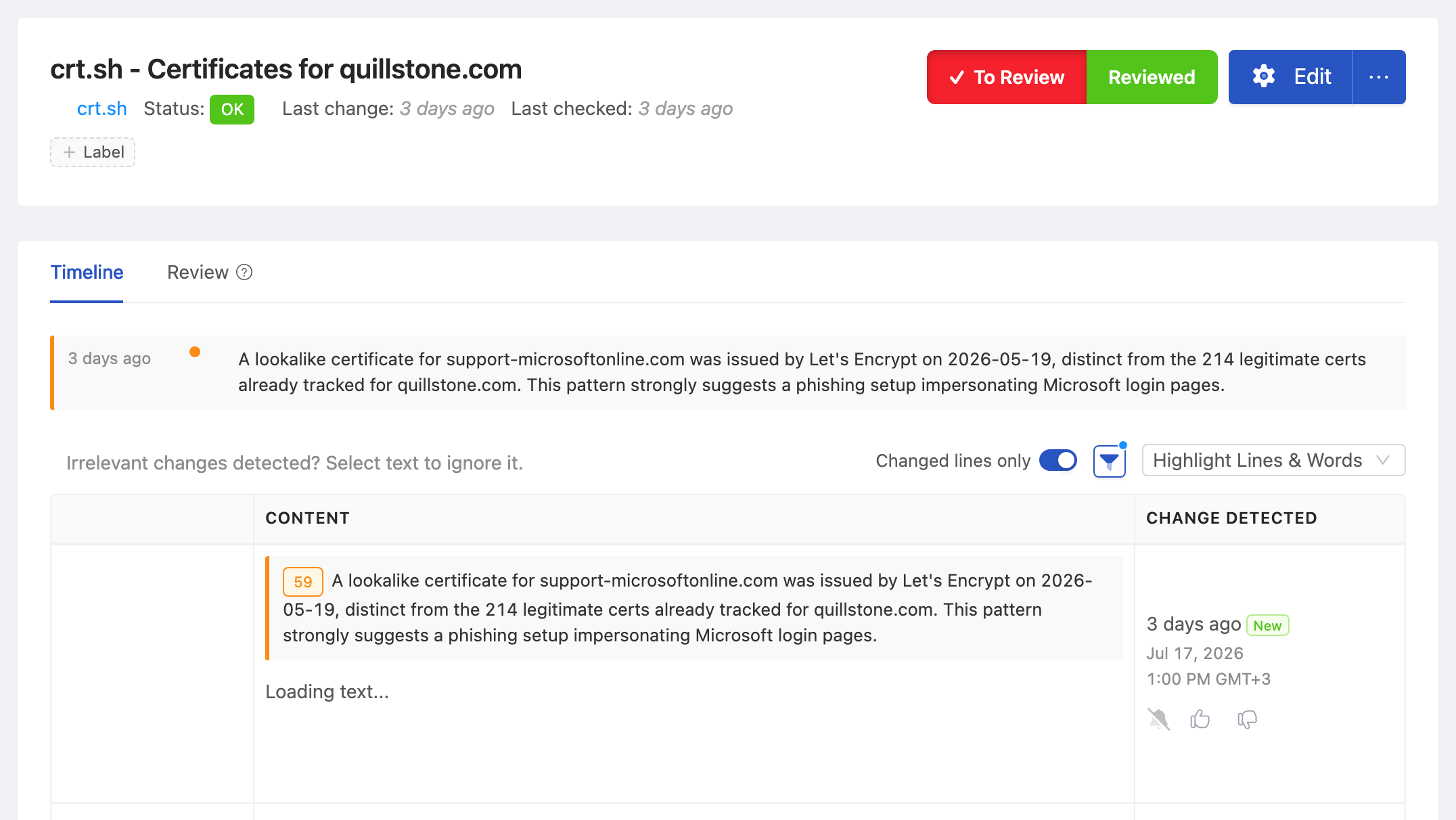 PageCrawl change diff for crt.sh - Certificates for example.com, highlighting the added and removed text