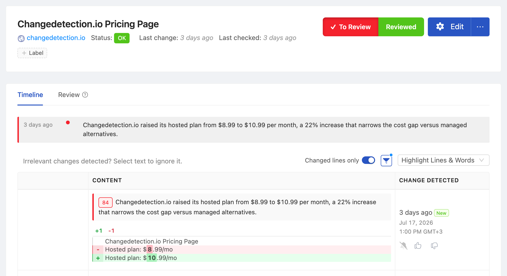 PageCrawl change diff for Changedetection.io Pricing Page, highlighting the added and removed text