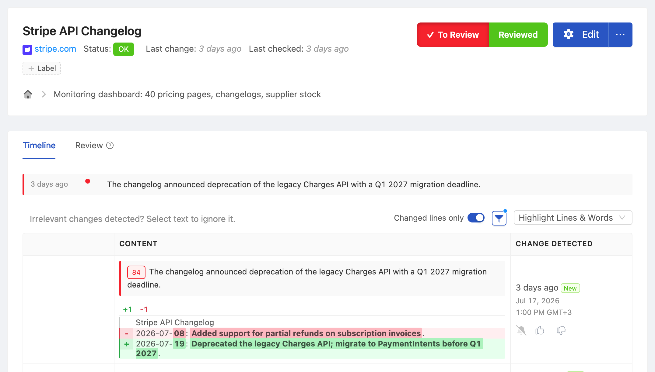 PageCrawl change diff for Stripe API Changelog, highlighting the added and removed text