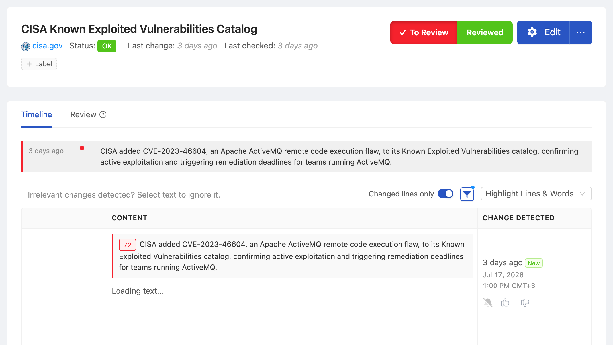 PageCrawl change diff for CISA Known Exploited Vulnerabilities Catalog, highlighting the added and removed text