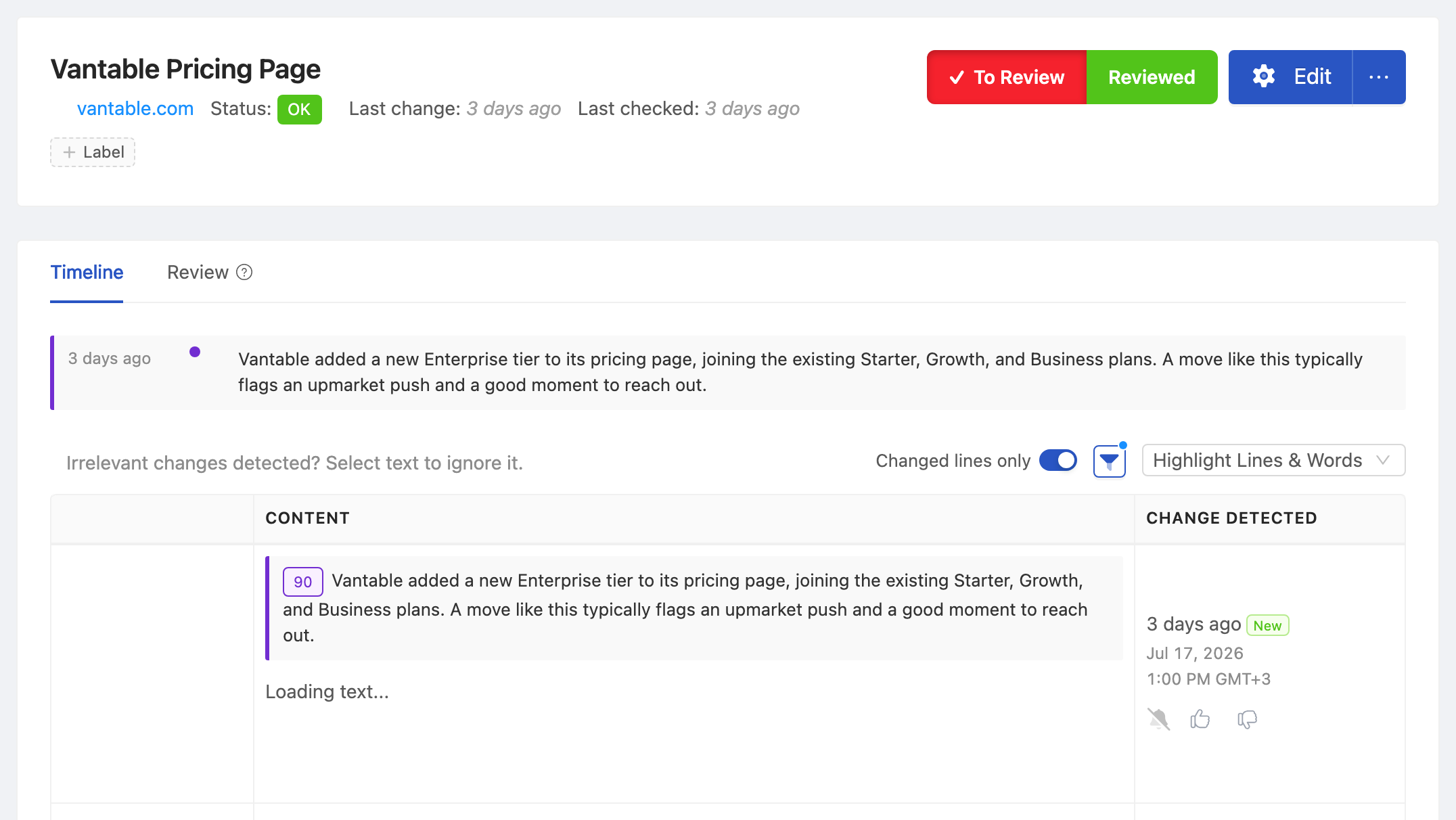 PageCrawl change diff for Acme Corp Pricing Page, highlighting the added and removed text