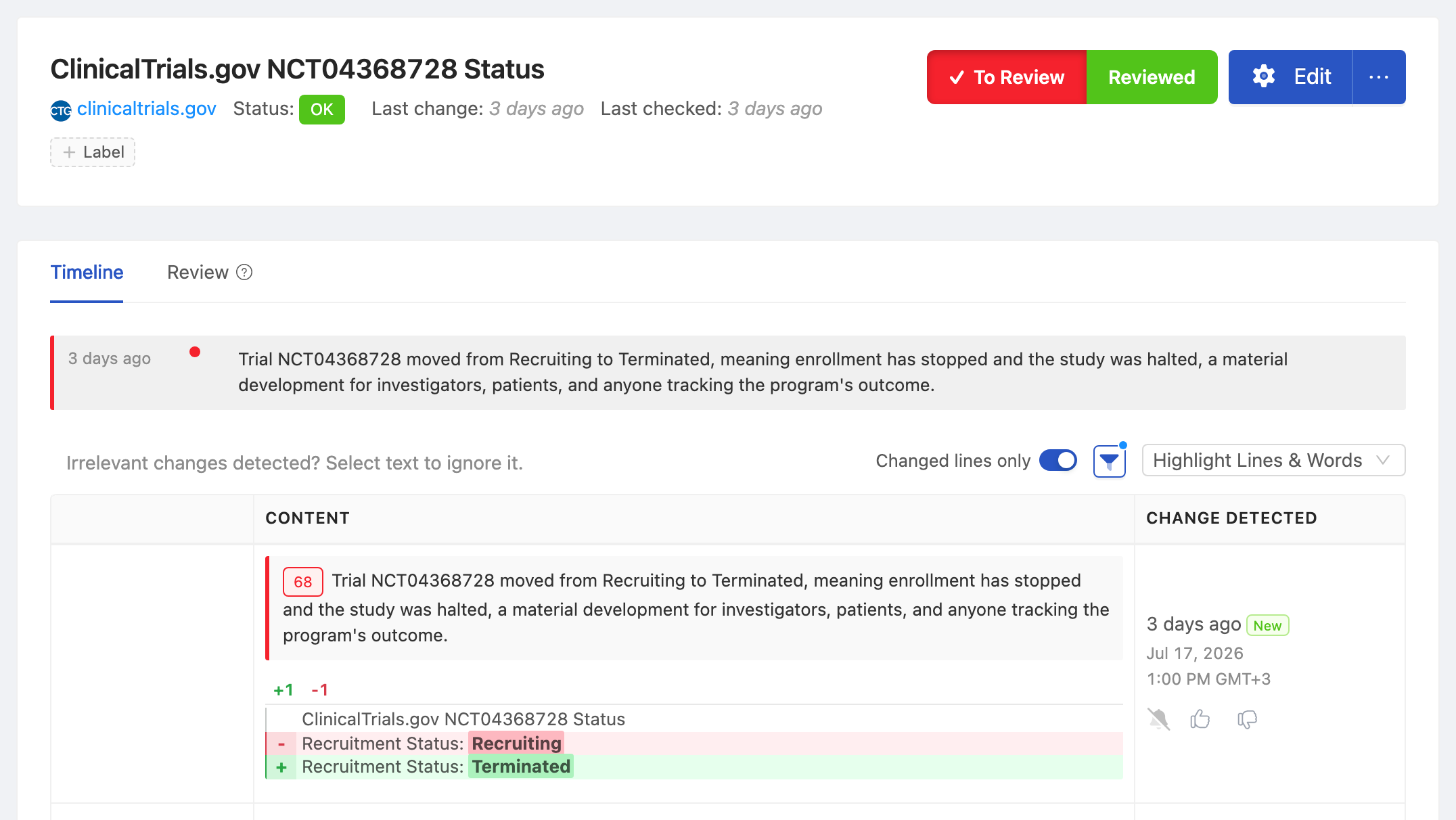 PageCrawl change diff for ClinicalTrials.gov NCT04368728 Status, highlighting the added and removed text