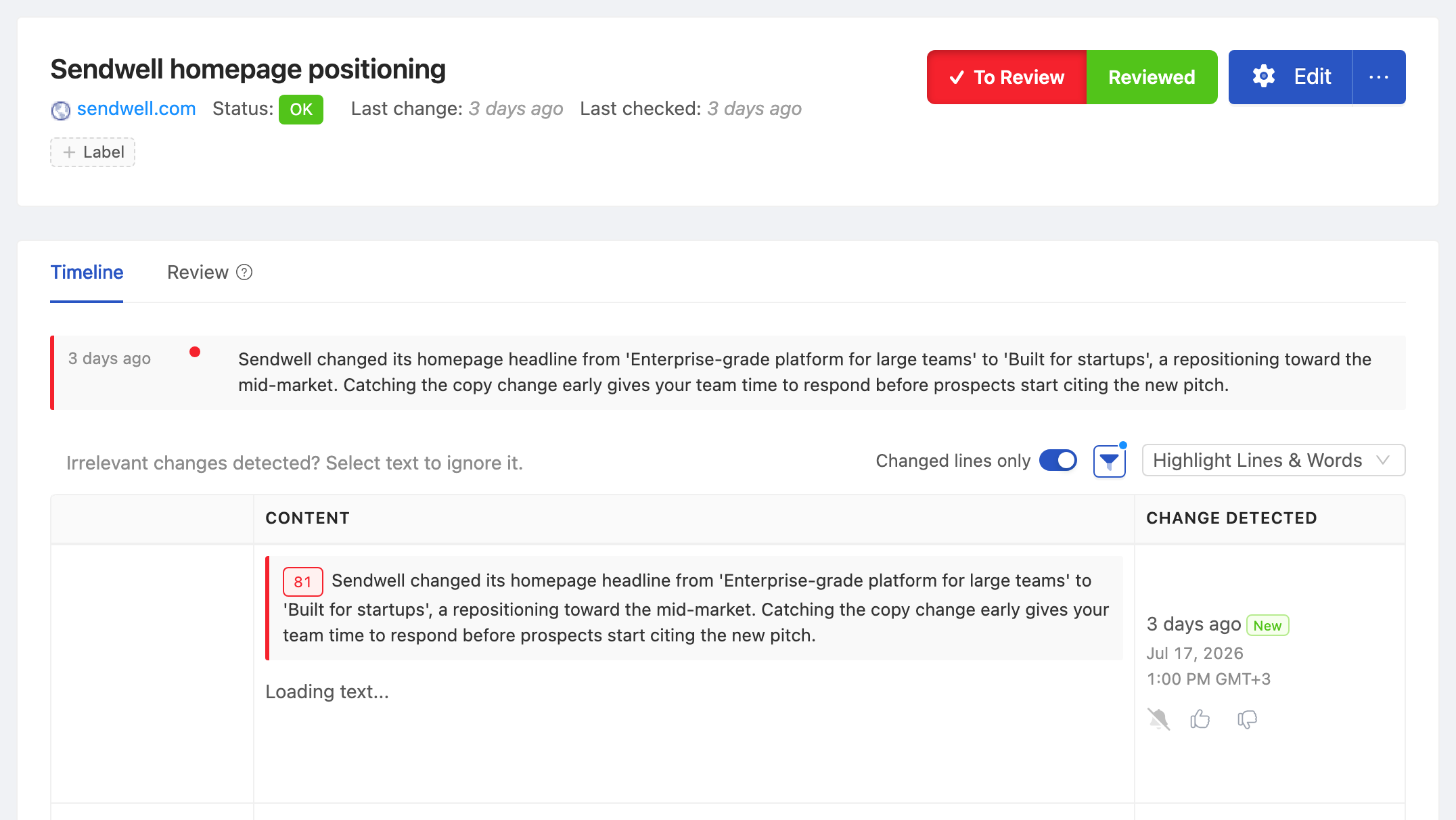 PageCrawl change diff for Competitor Homepage Positioning, highlighting the added and removed text
