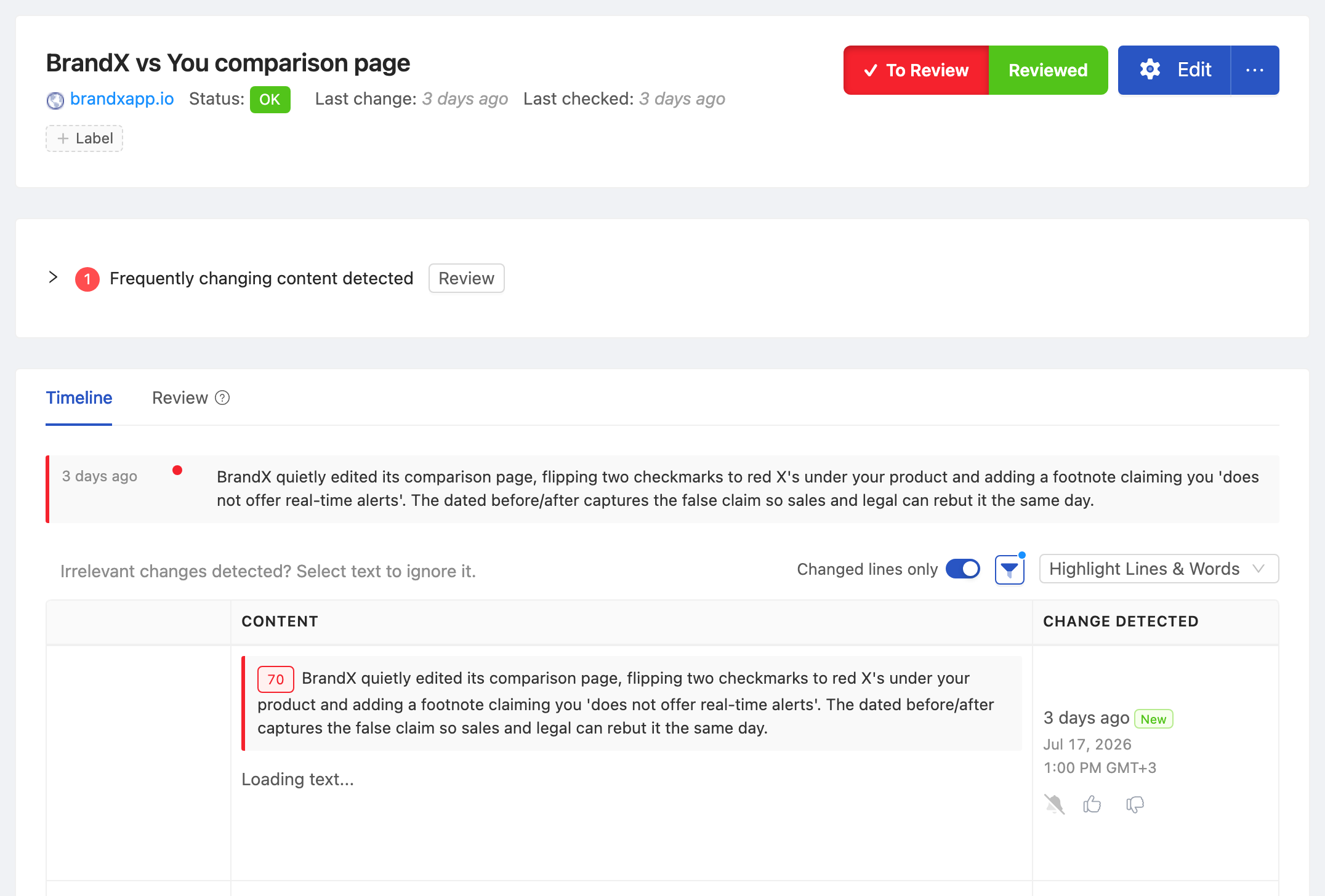 PageCrawl change diff for BrandX vs You Comparison Page, highlighting the added and removed text