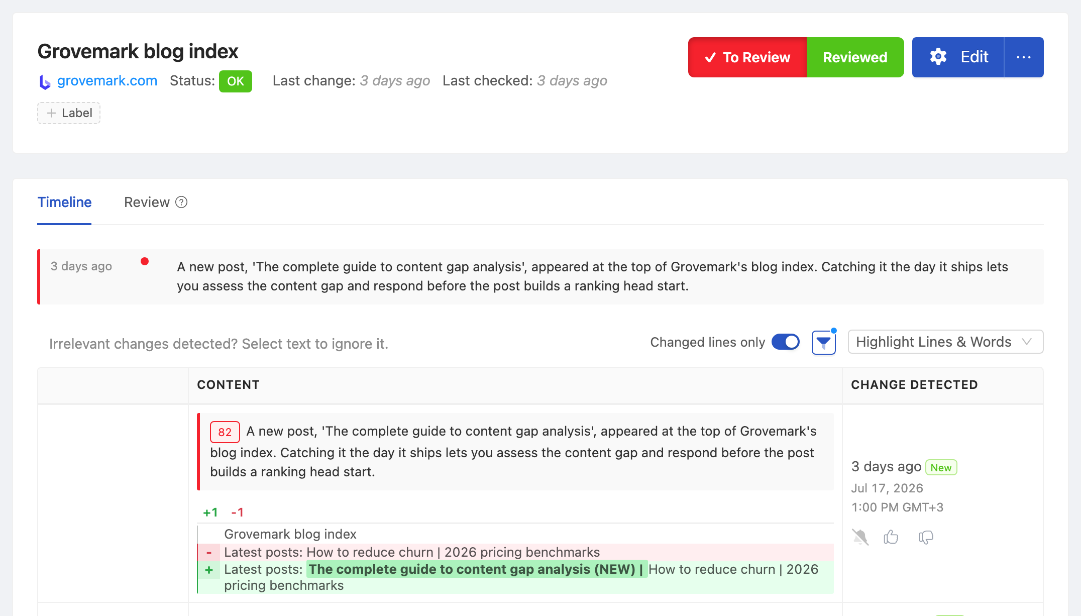 PageCrawl change diff for Competitor Blog Index, highlighting the added and removed text