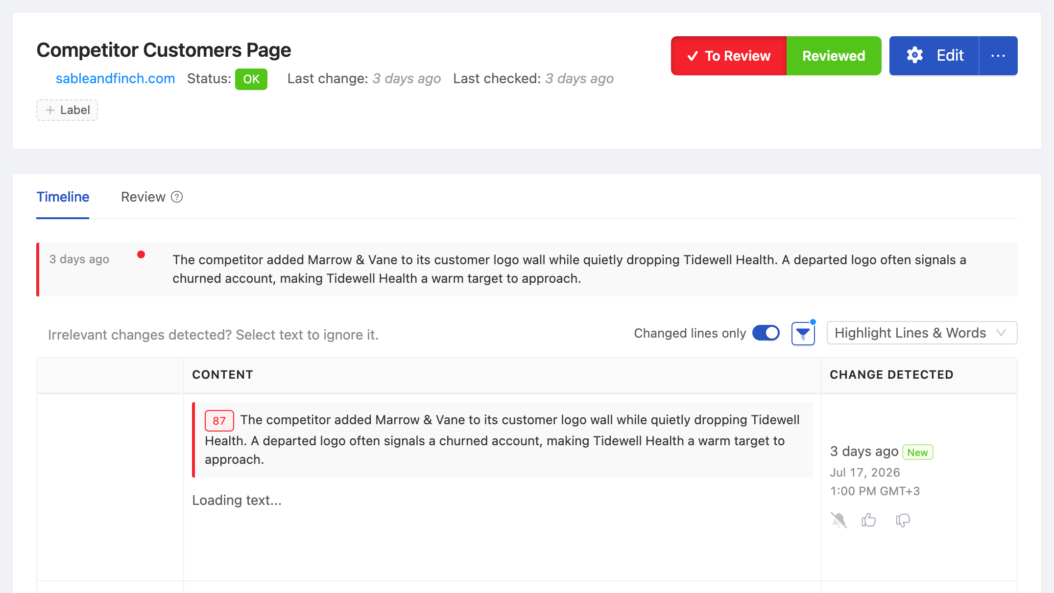 PageCrawl change diff for Competitor Customers Page, highlighting the added and removed text