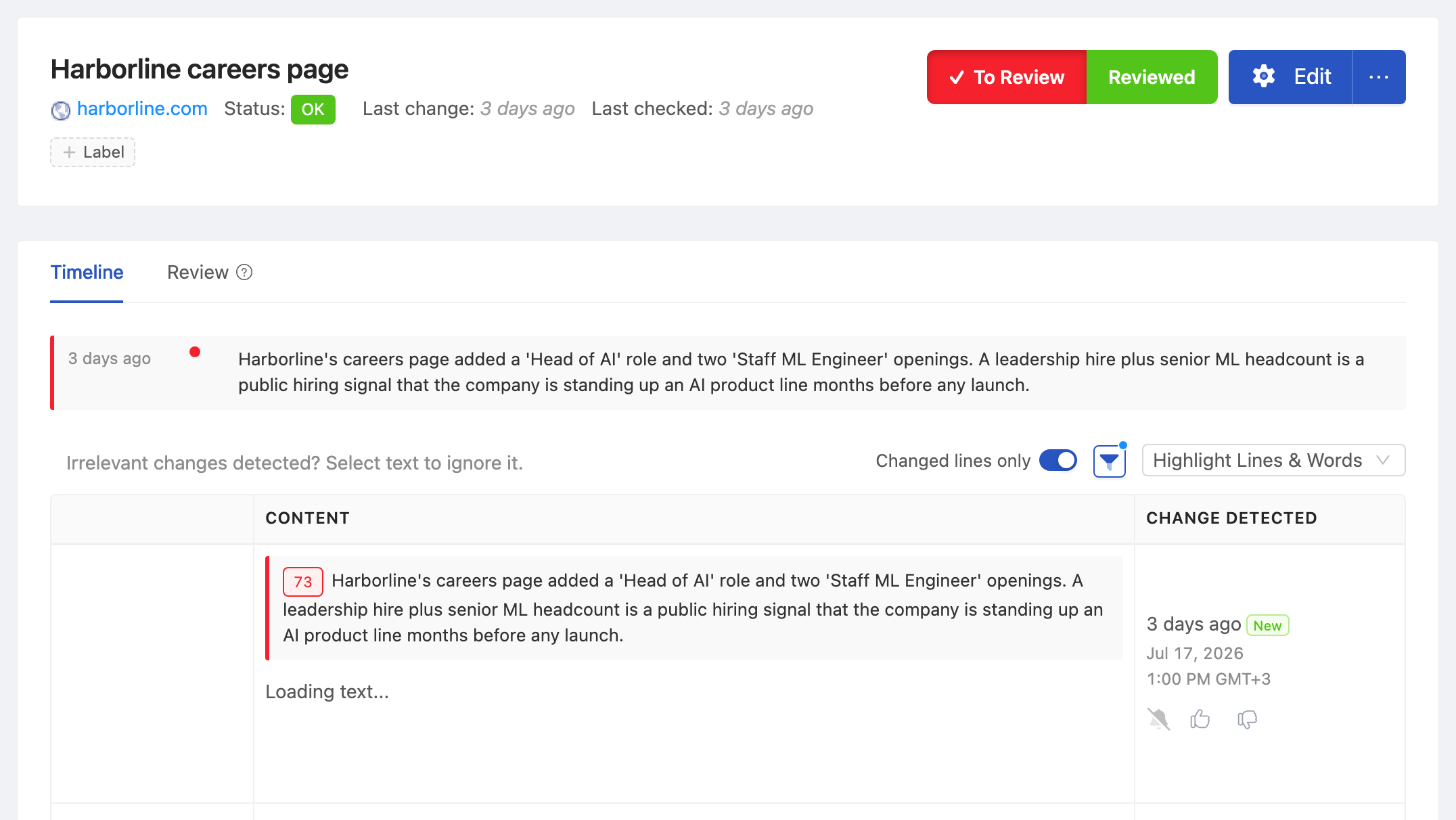 PageCrawl change diff for Competitor Careers Page, highlighting the added and removed text