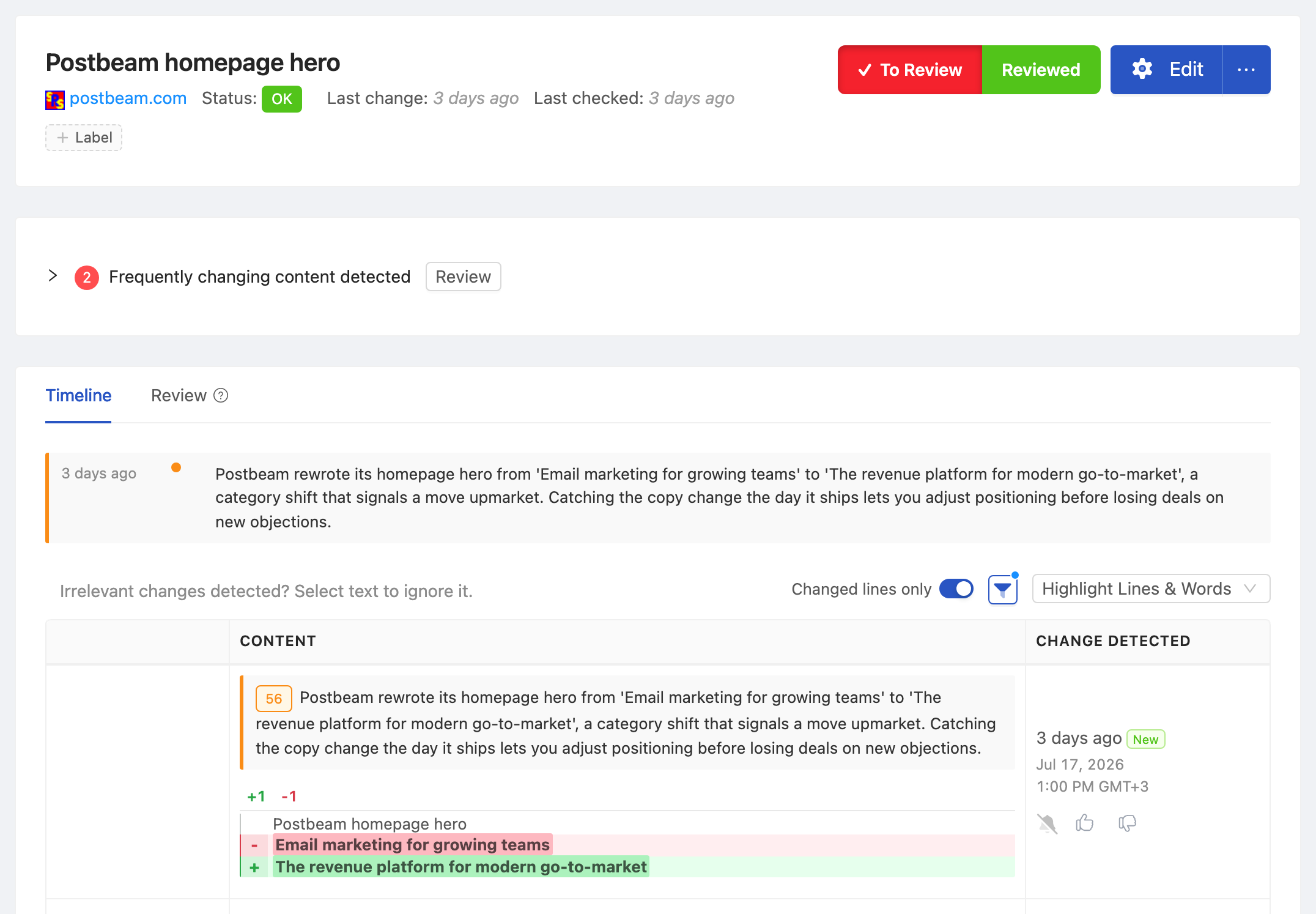 PageCrawl change diff for Competitor Homepage Hero, highlighting the added and removed text